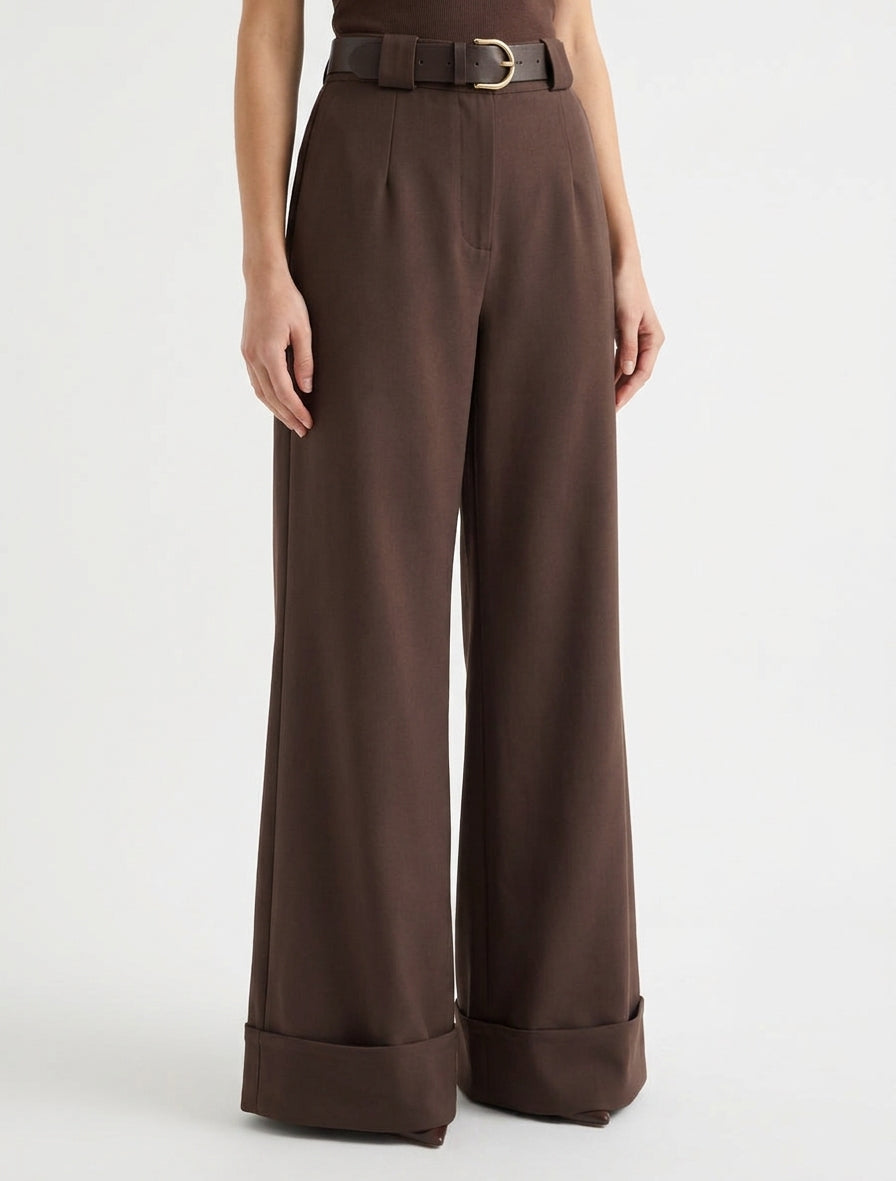 Hose mit hoher Taille und Umschlag - Braun