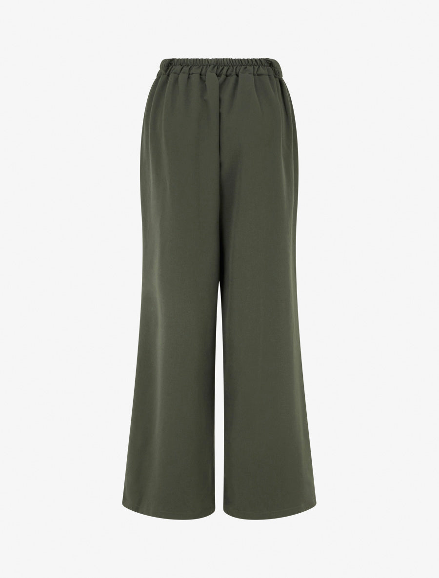 Pantalon ample à taille haute élastiquée et boutonnée - Kaki - 2