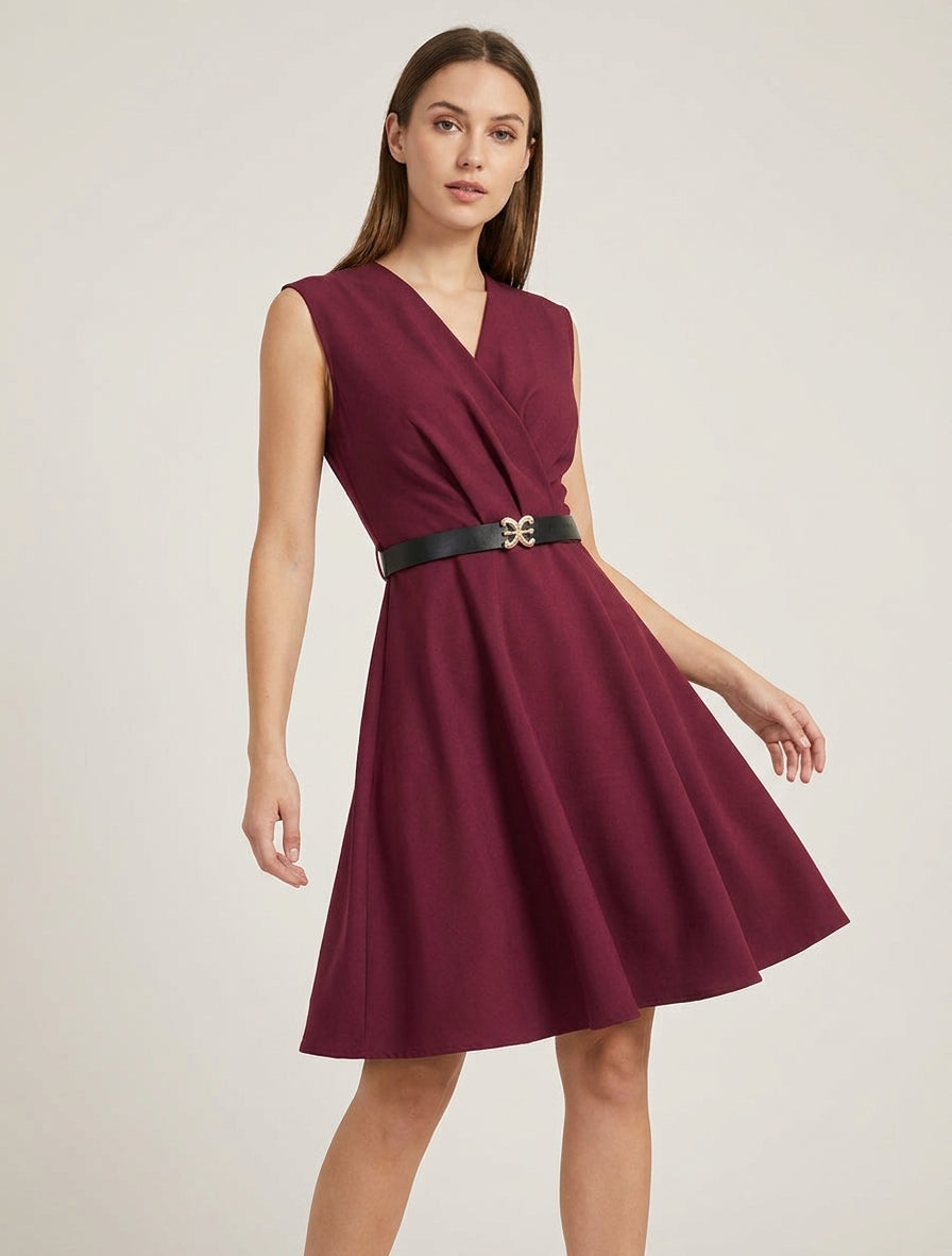 Ärmelloses Skaterkleid mit Wickelausschnitt - Weinrot