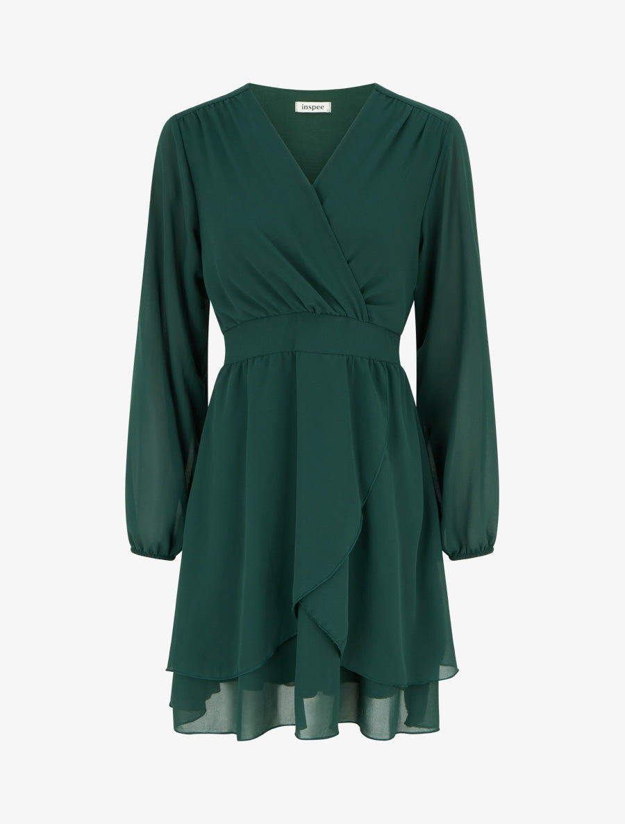Robe unie style portefeuille à manches longues - Vert foncé - 1