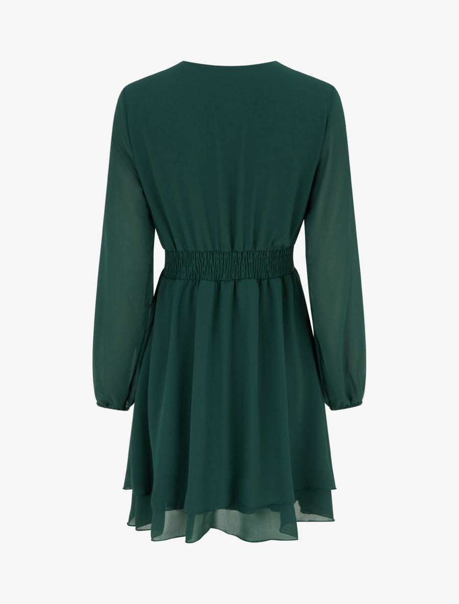 Robe unie style portefeuille à manches longues - Vert foncé - 2