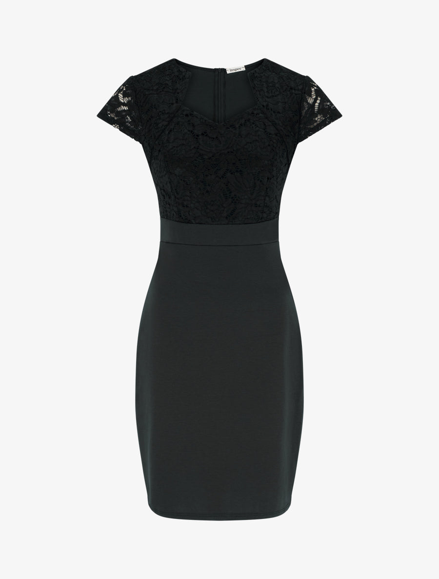 Robe moulante à buste en dentelle et manches courtes - Noir - 1