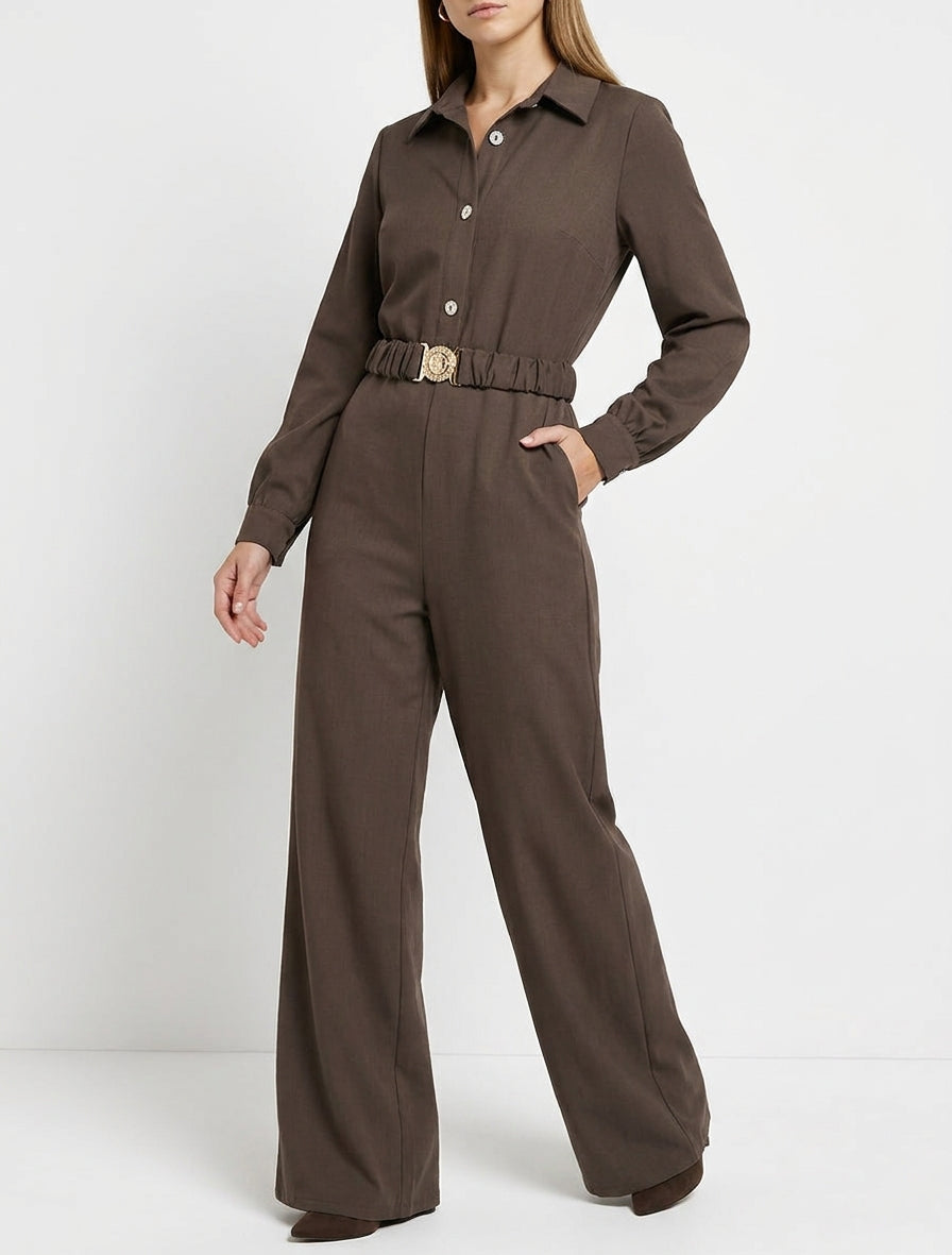 Langärmeliger Overall mit Gürtel - Braun