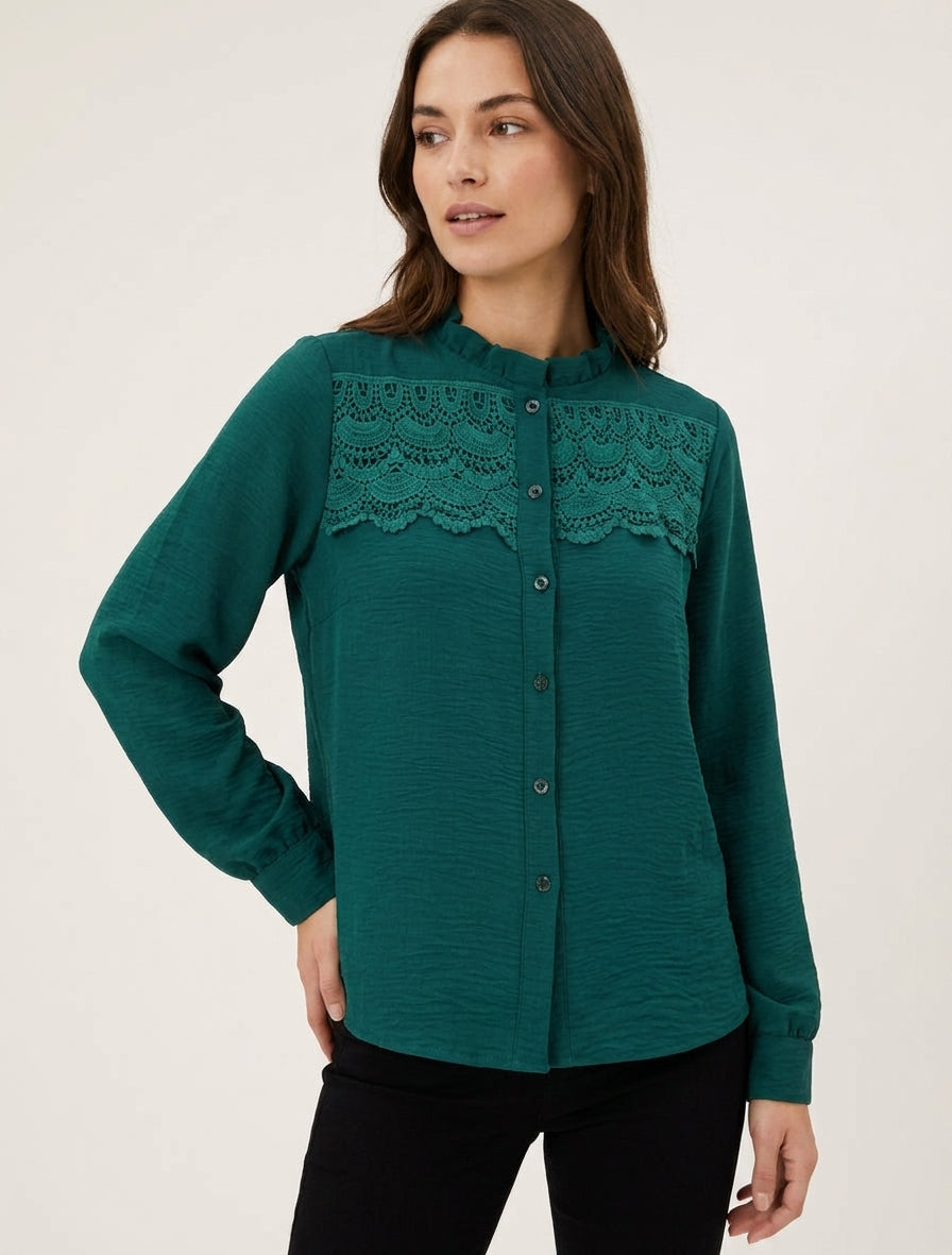 Bluse mit Rüschenkragen und Spitze - Dunkelgrün