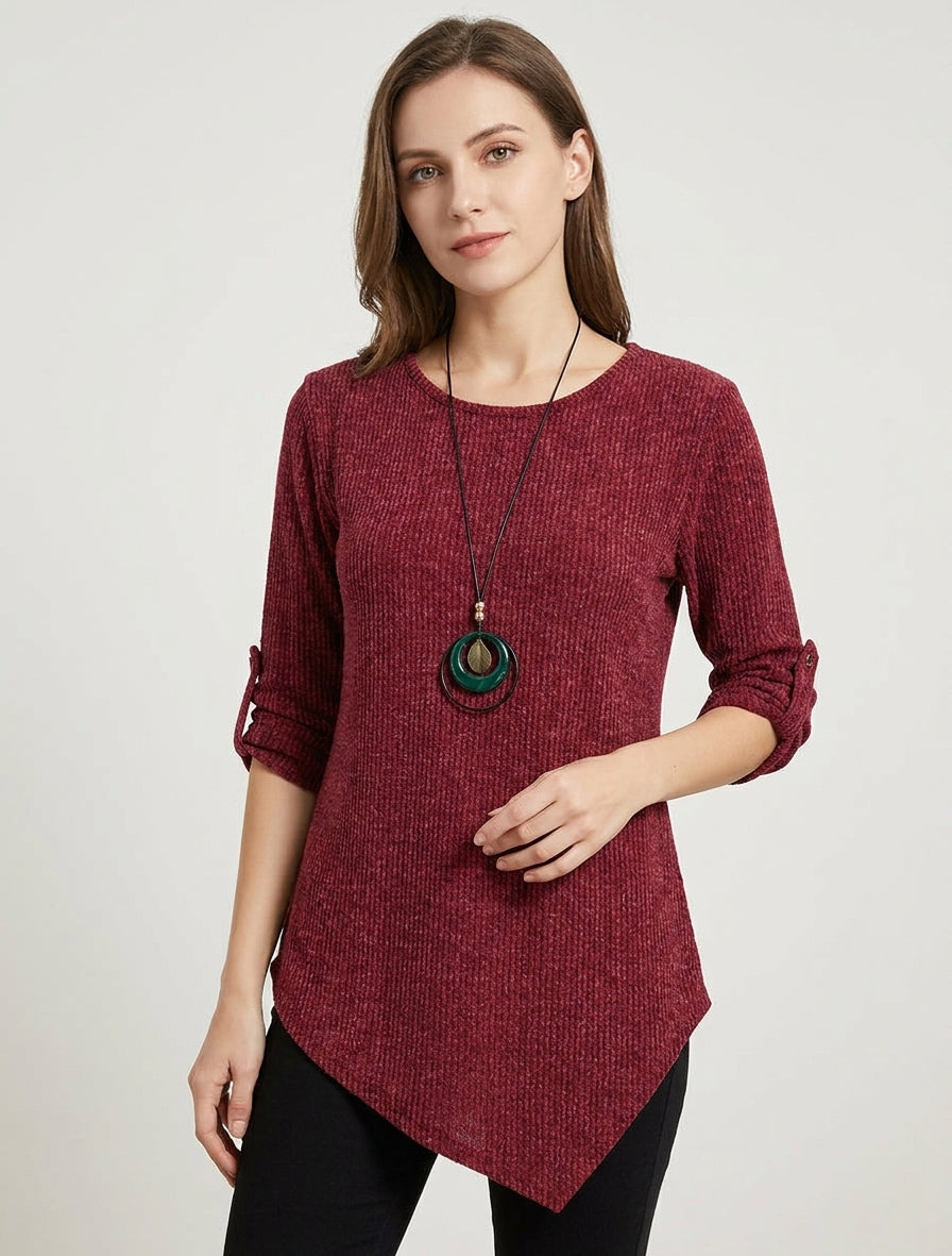 Gerippter Pullover mit aufkrempelbaren langen Ärmeln - Bordeaux