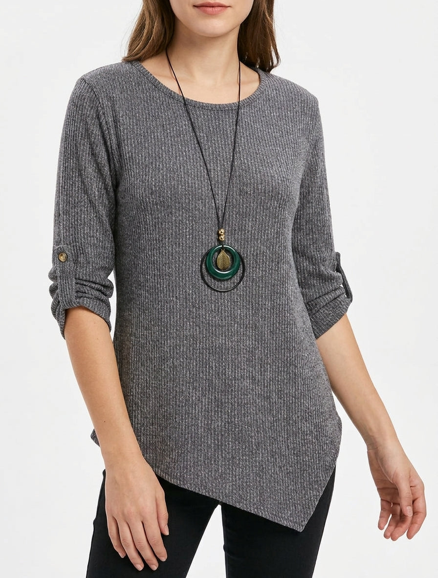 Gerippter Pullover mit aufkrempelbaren langen Ärmeln - Grau