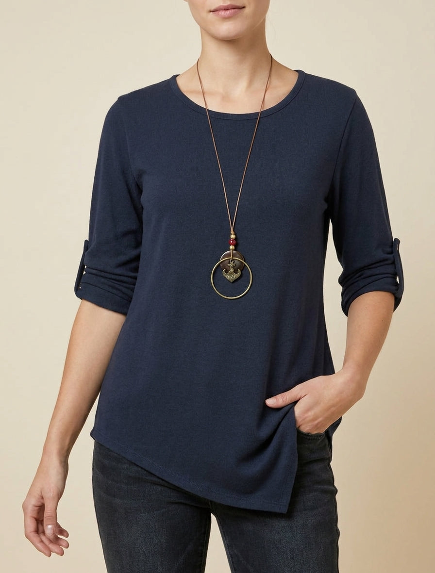 Einfarbiger Pullover mit aufrollbaren langen Ärmeln - Marine