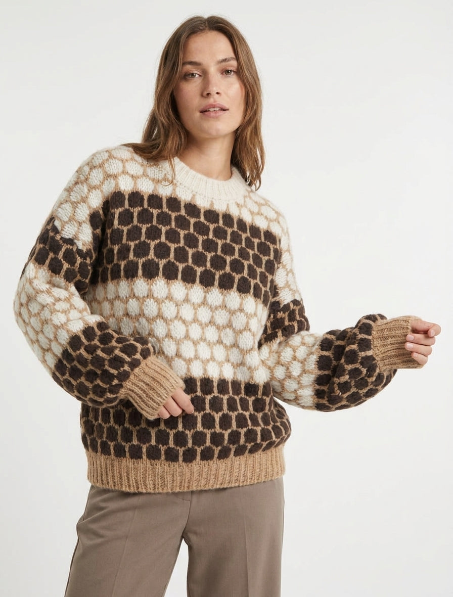 Pullover aus Mohair-Mischung mit Rundmuster - Braun/Naturweiß