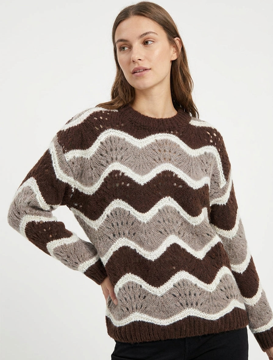 Pullover aus Mohair-Mischung mit gebogenem Streifenmuster - Braun/Taupe