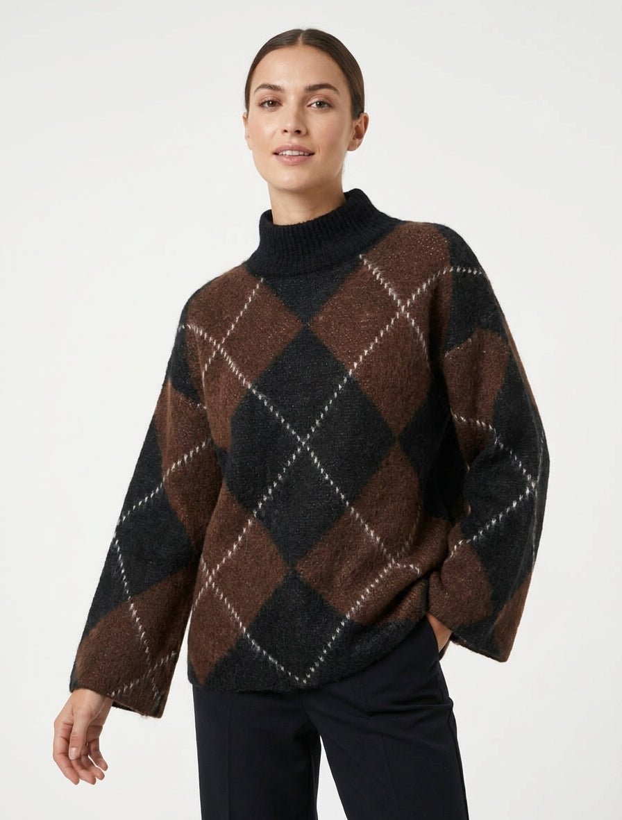 Rollkragenpullover mit Karomuster aus Mohair-Mischung - Braun