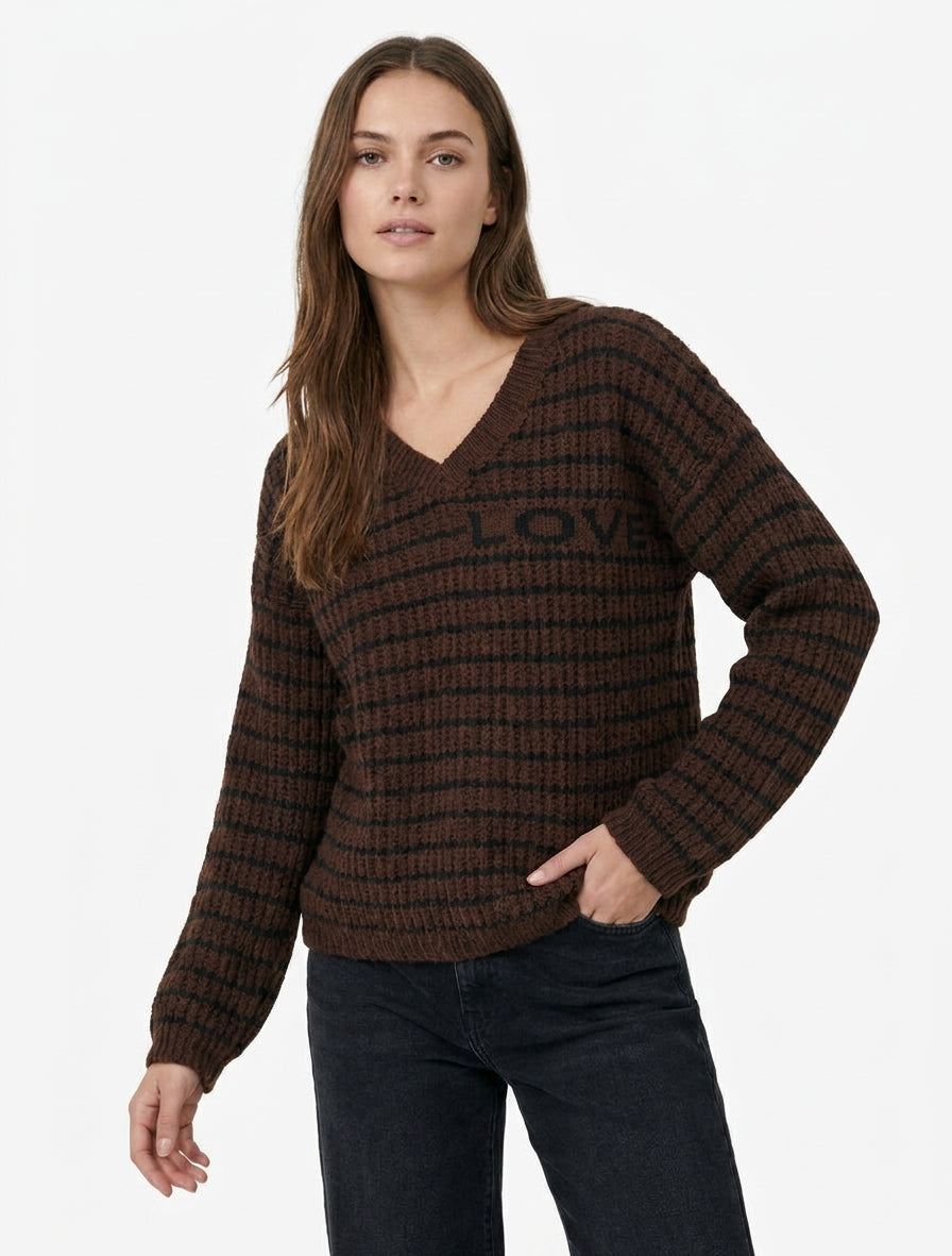 Mohair-Pullover mit LOVE-Schriftzug und Streifen - Braun
