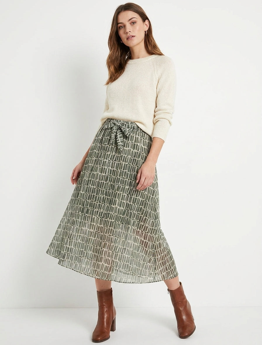 Midirock mit irisierenden Paspeln und grafischem Druck - Kaki