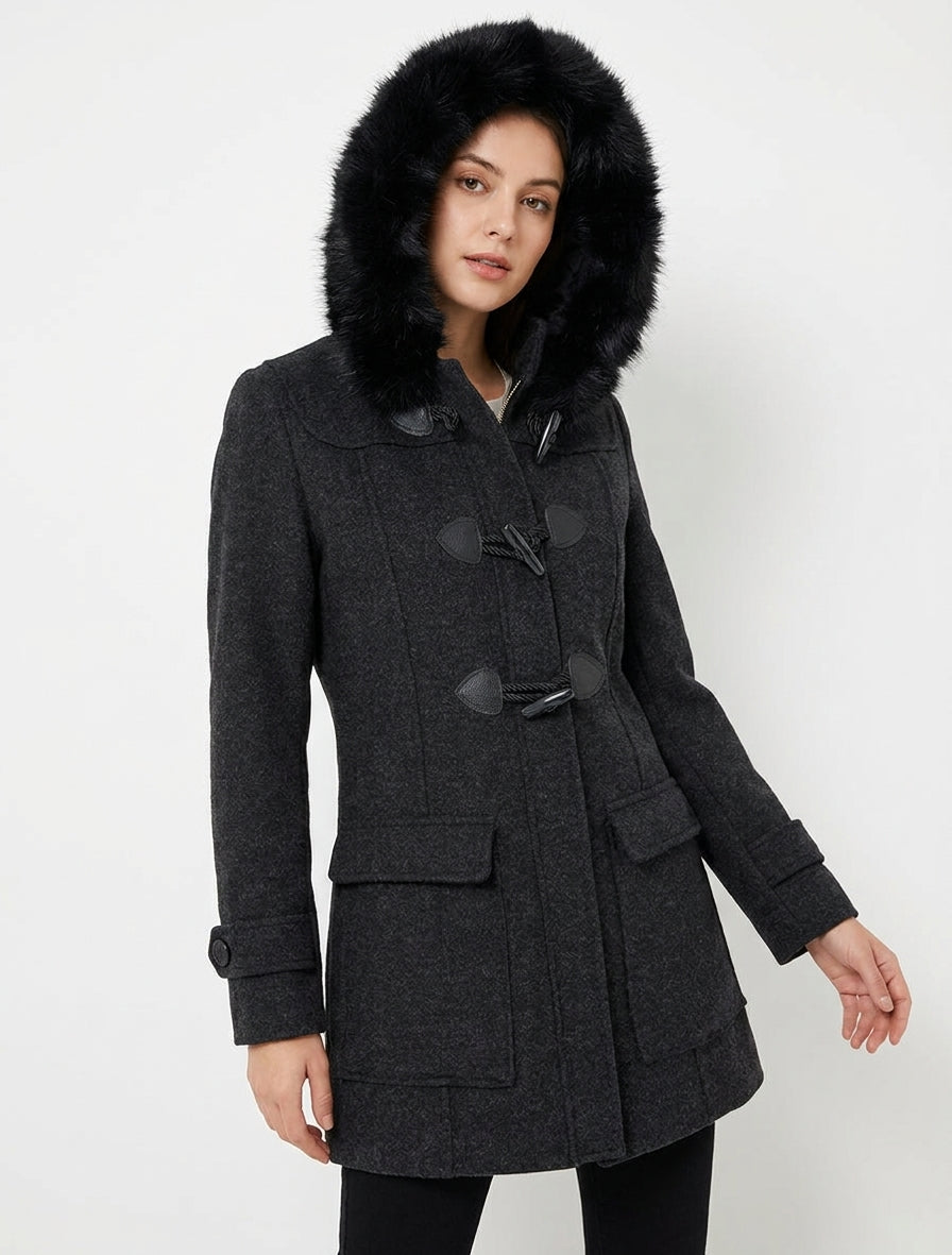 Einfarbiger Dufflecoat mit Kapuze - Anthrazitgrau