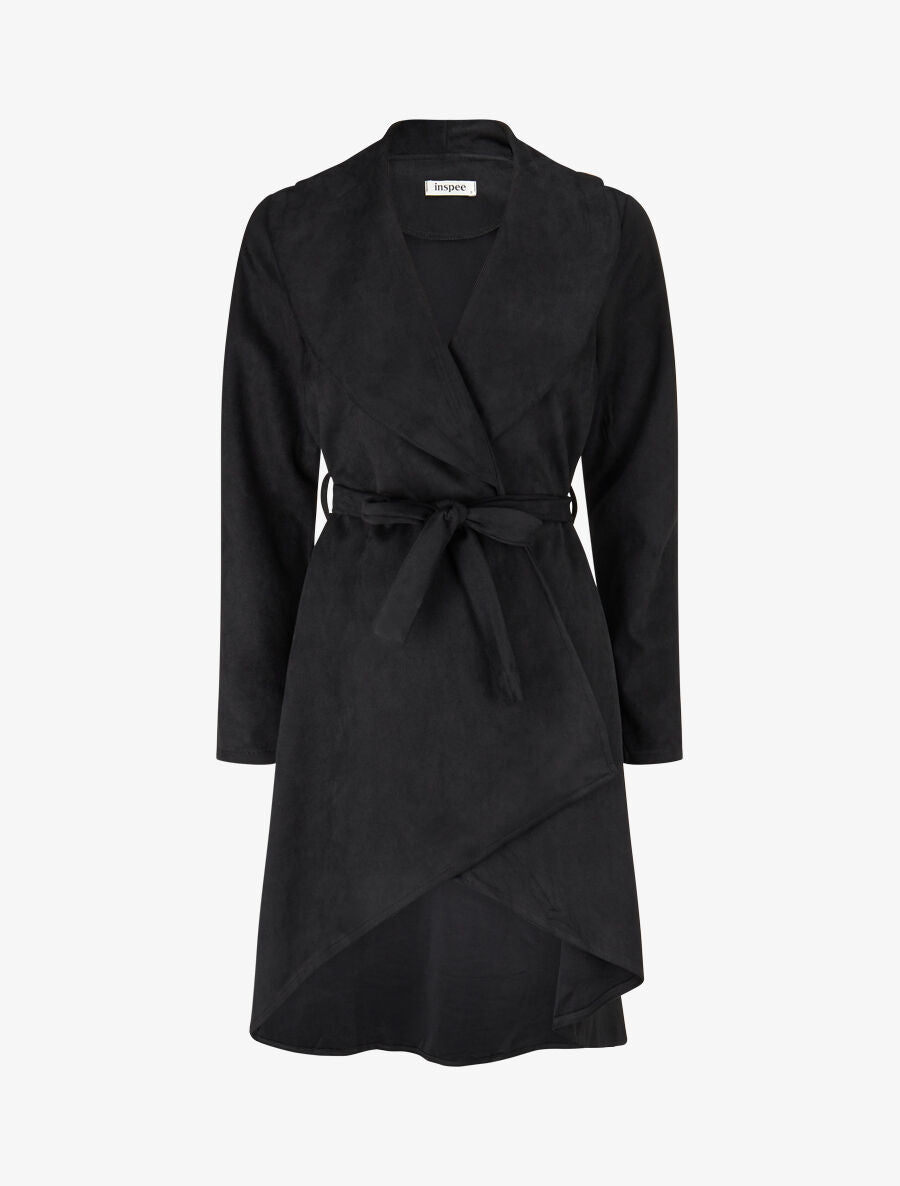 Trench long uni en suédine - Noir - 1