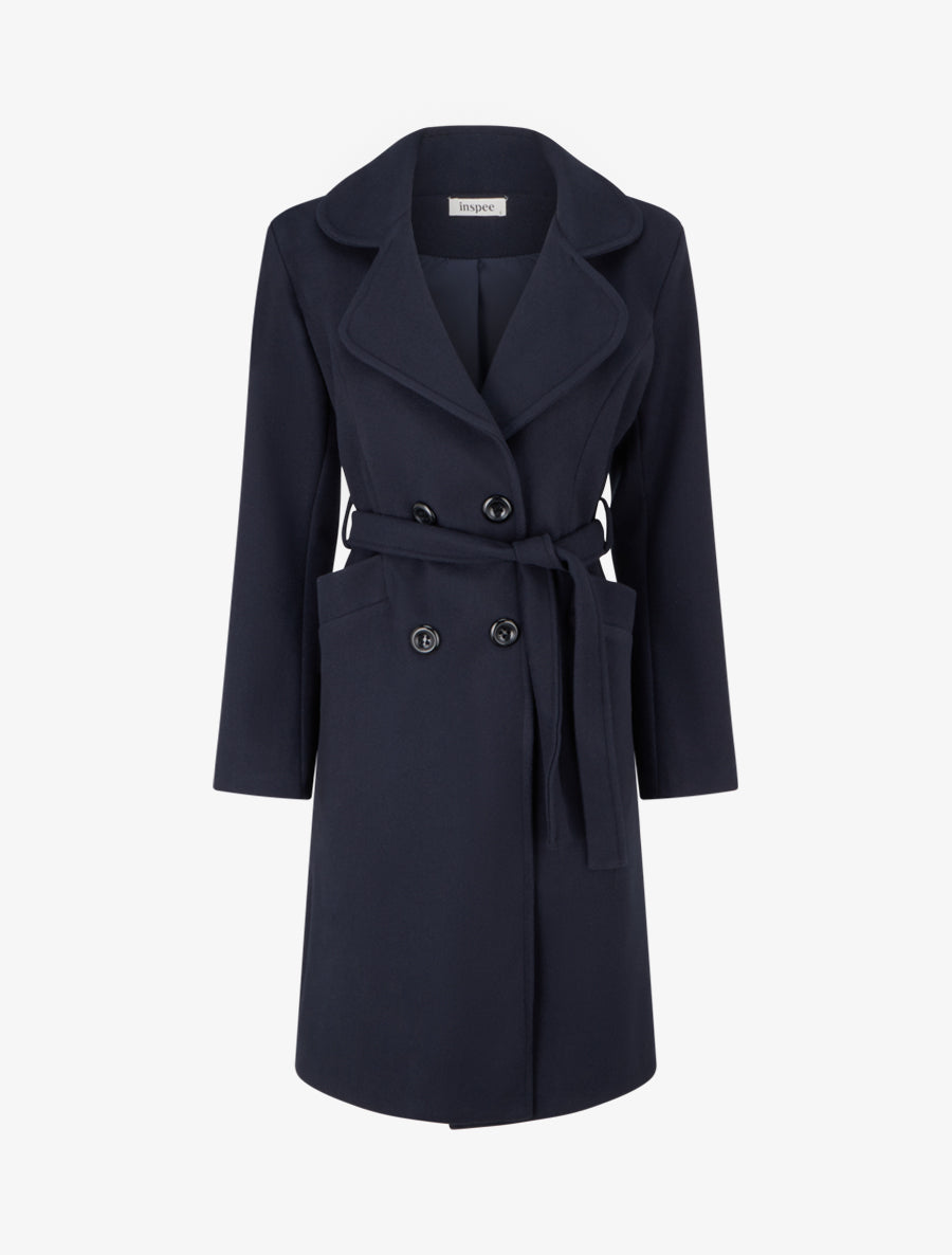 Manteau long croisé en laine mélangée - Marine - 1