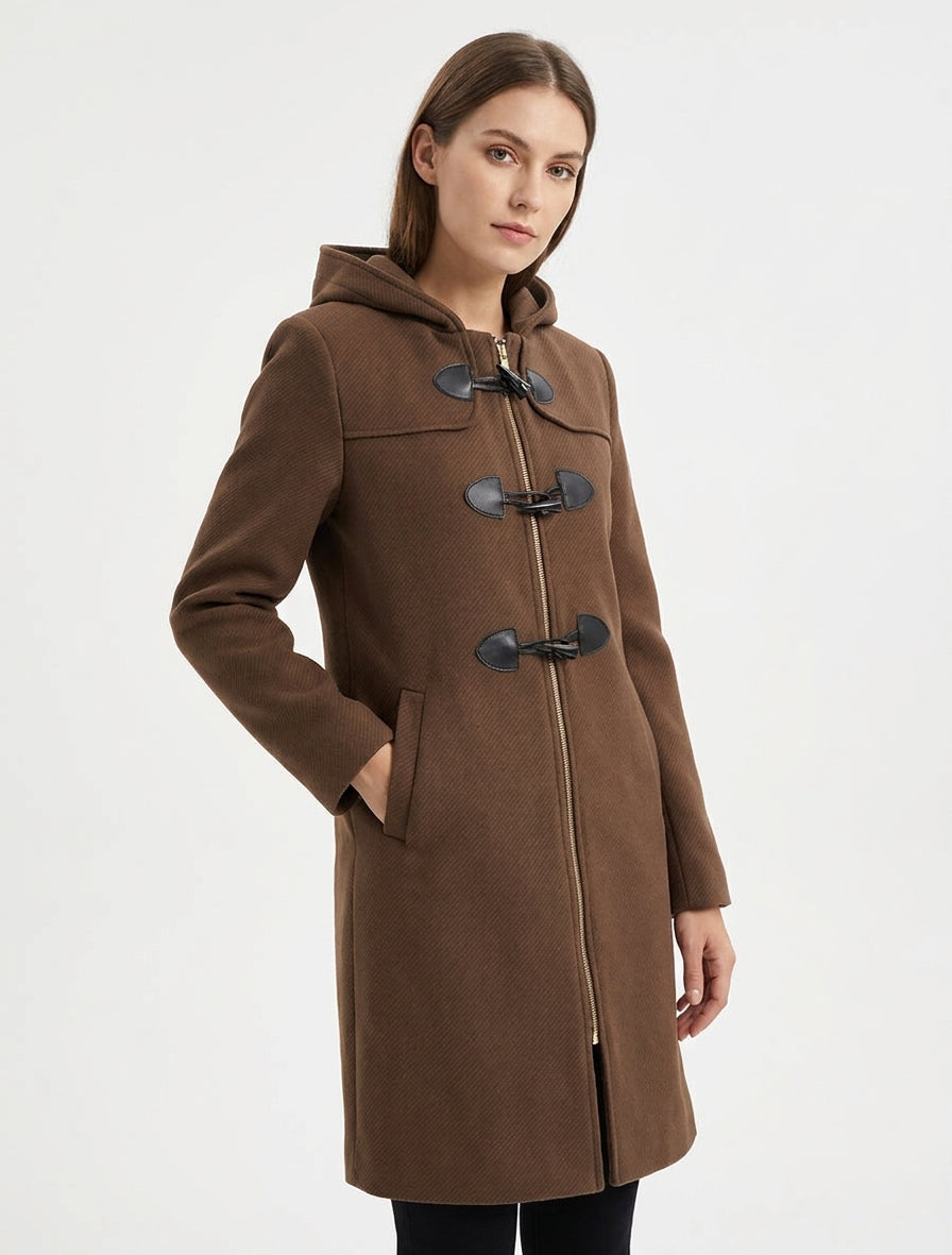 Einfarbiger Dufflecoat mit Kapuze - Braun