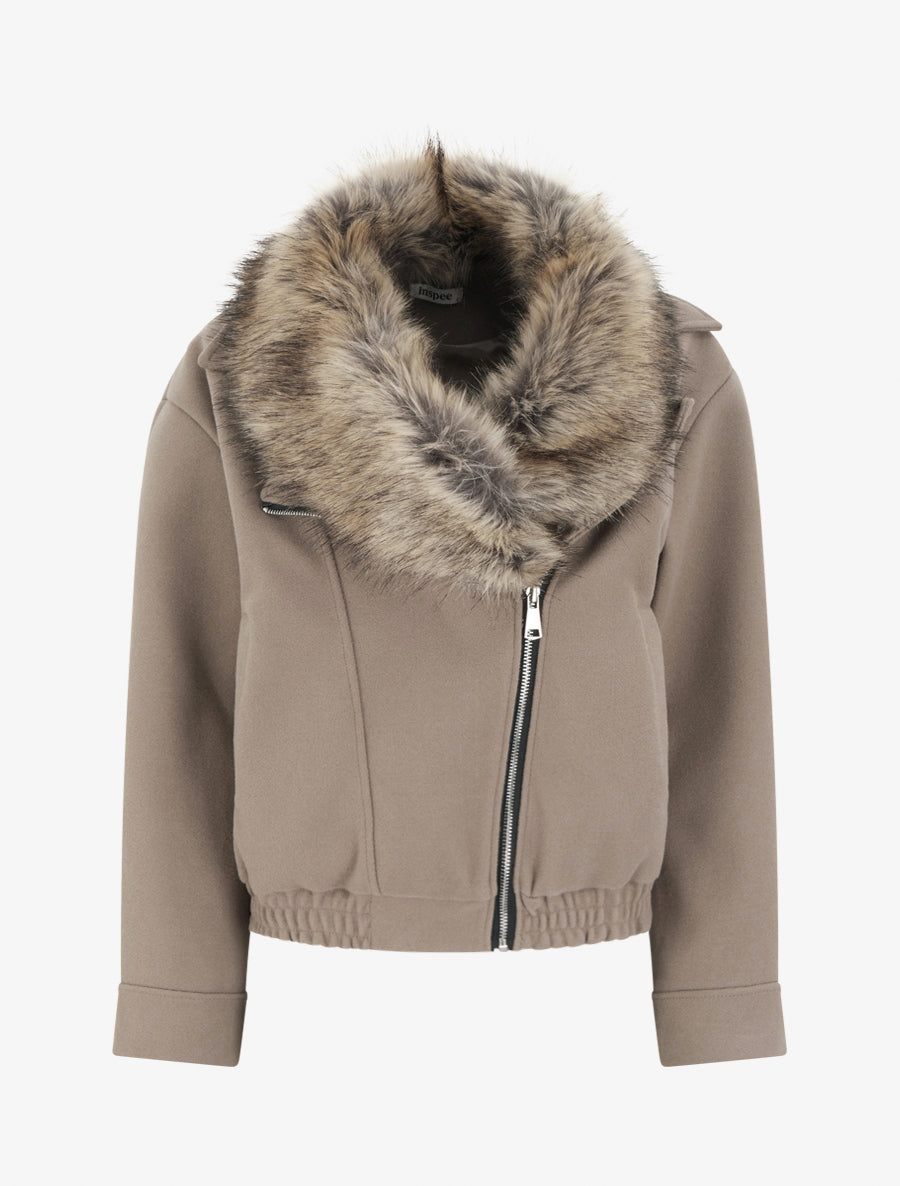 Perfecto à col en fourrure synthétique amovible - Taupe - 1