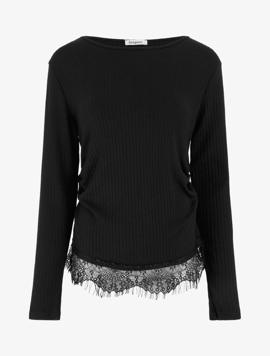 Pull côtelé bas dentelle et côtés froncés - Noir - 1