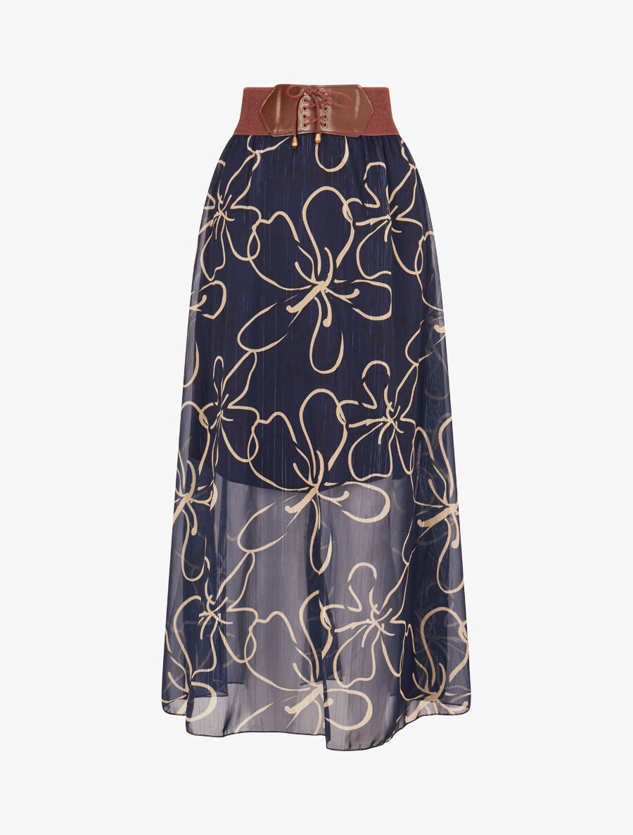 Jupe longue en voile à fleurs dessinées - Marine - 1