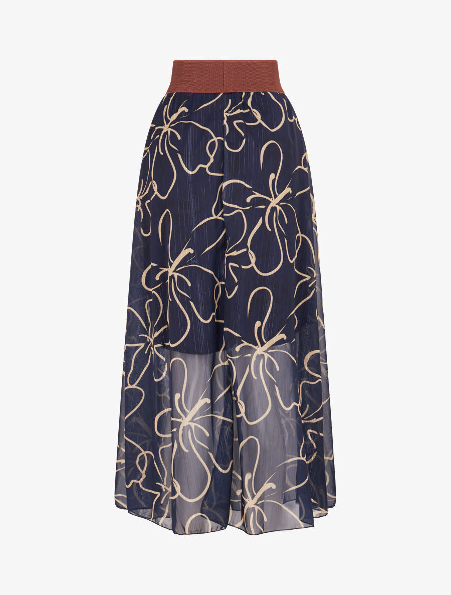 Jupe longue en voile à fleurs dessinées - Marine - 2