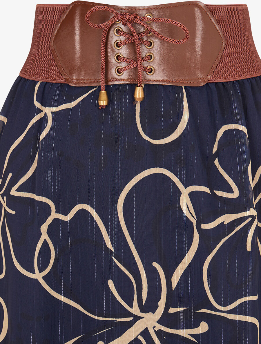 Jupe longue en voile à fleurs dessinées - Marine - 3
