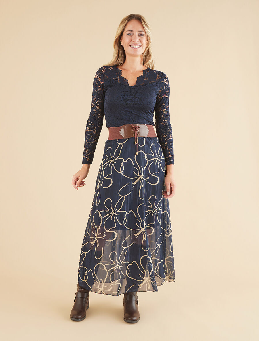 Jupe longue en voile à fleurs dessinées - Marine - 4