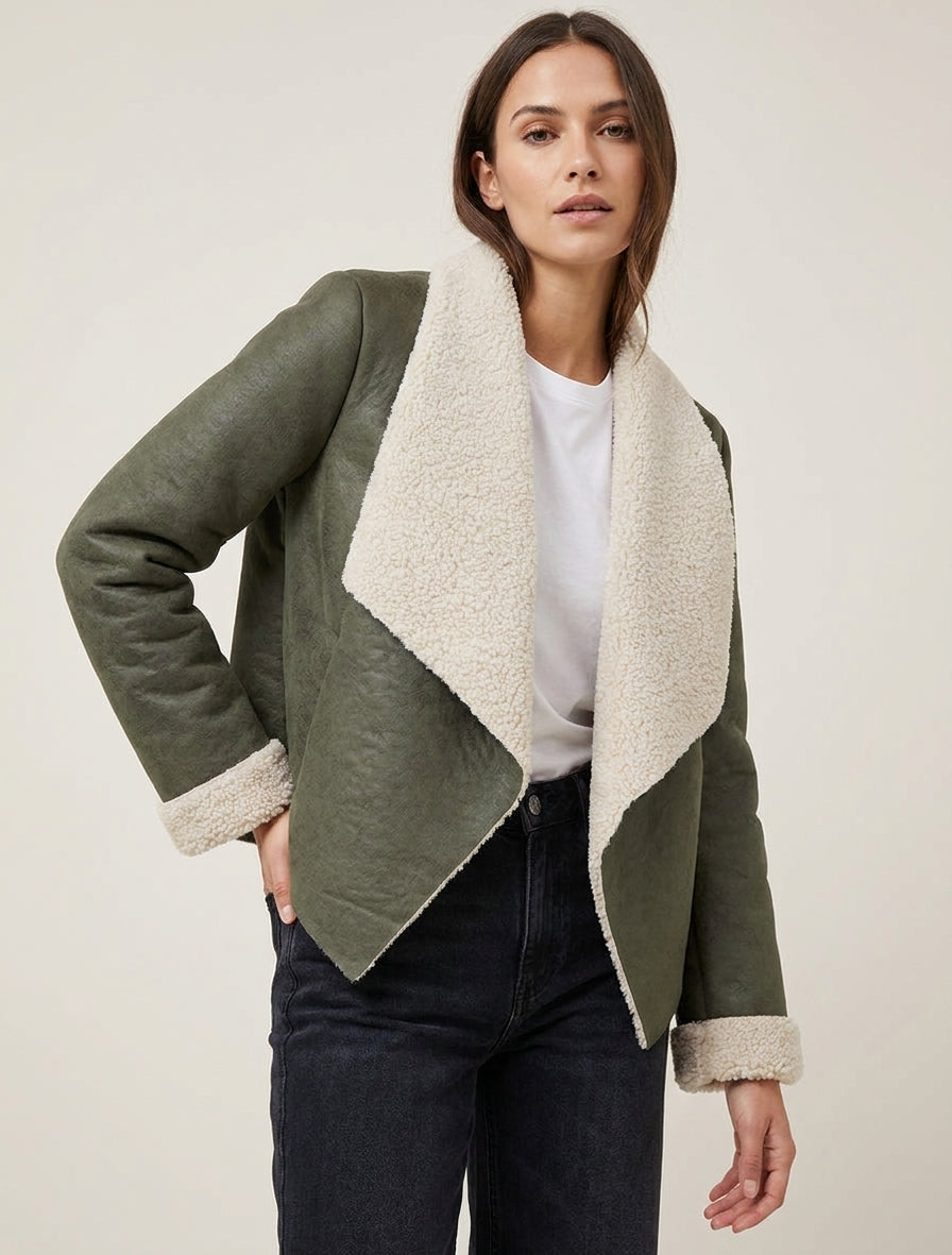 Fliegerjacke mit Schalkragen aus Kunstfell - Kaki