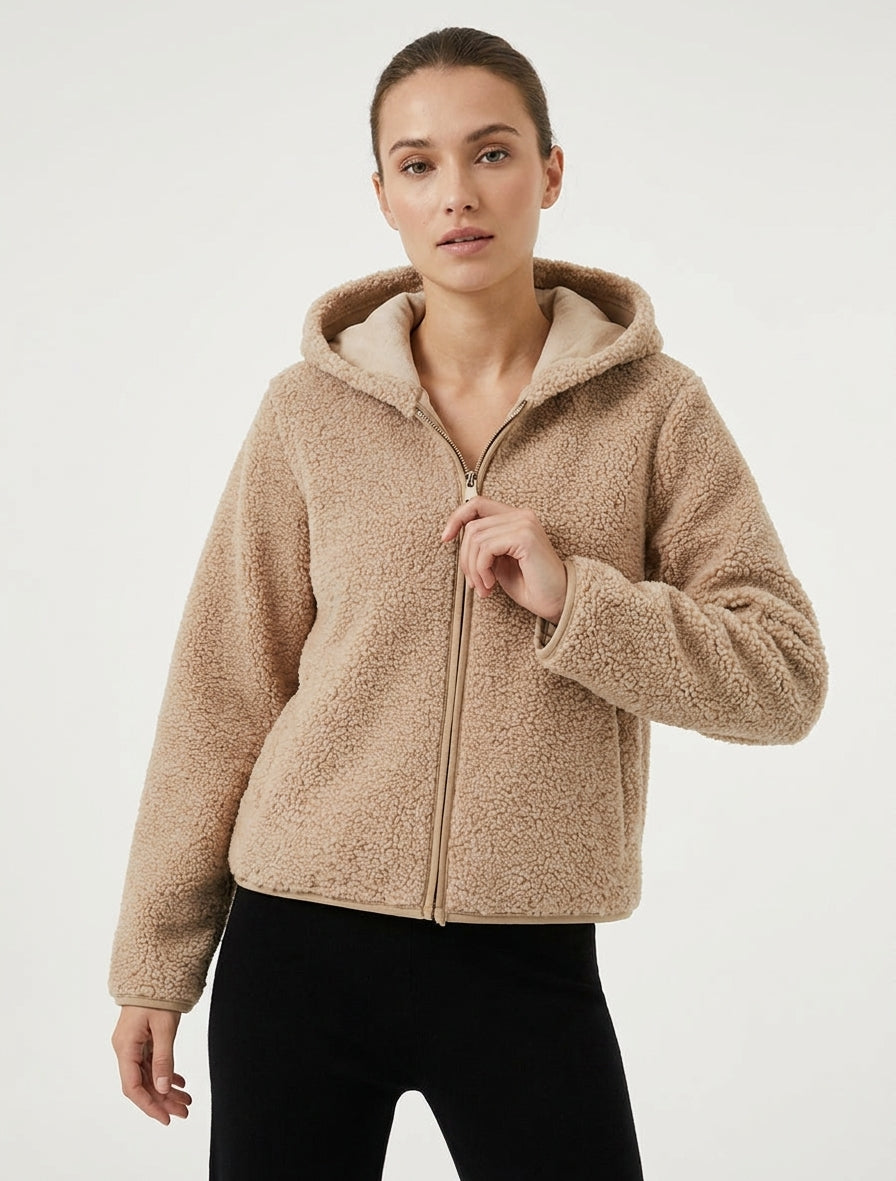 Reißverschluss-Kapuzenjacke im Bouclé-Woll-Look - Beige