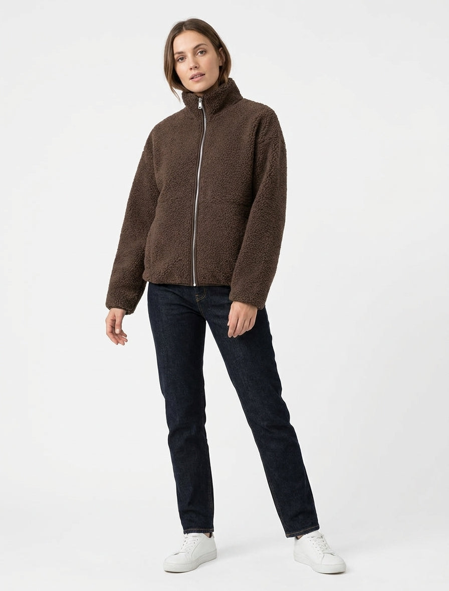 Jacke in Bouclé-Wolloptik mit Stehkragen - Braun