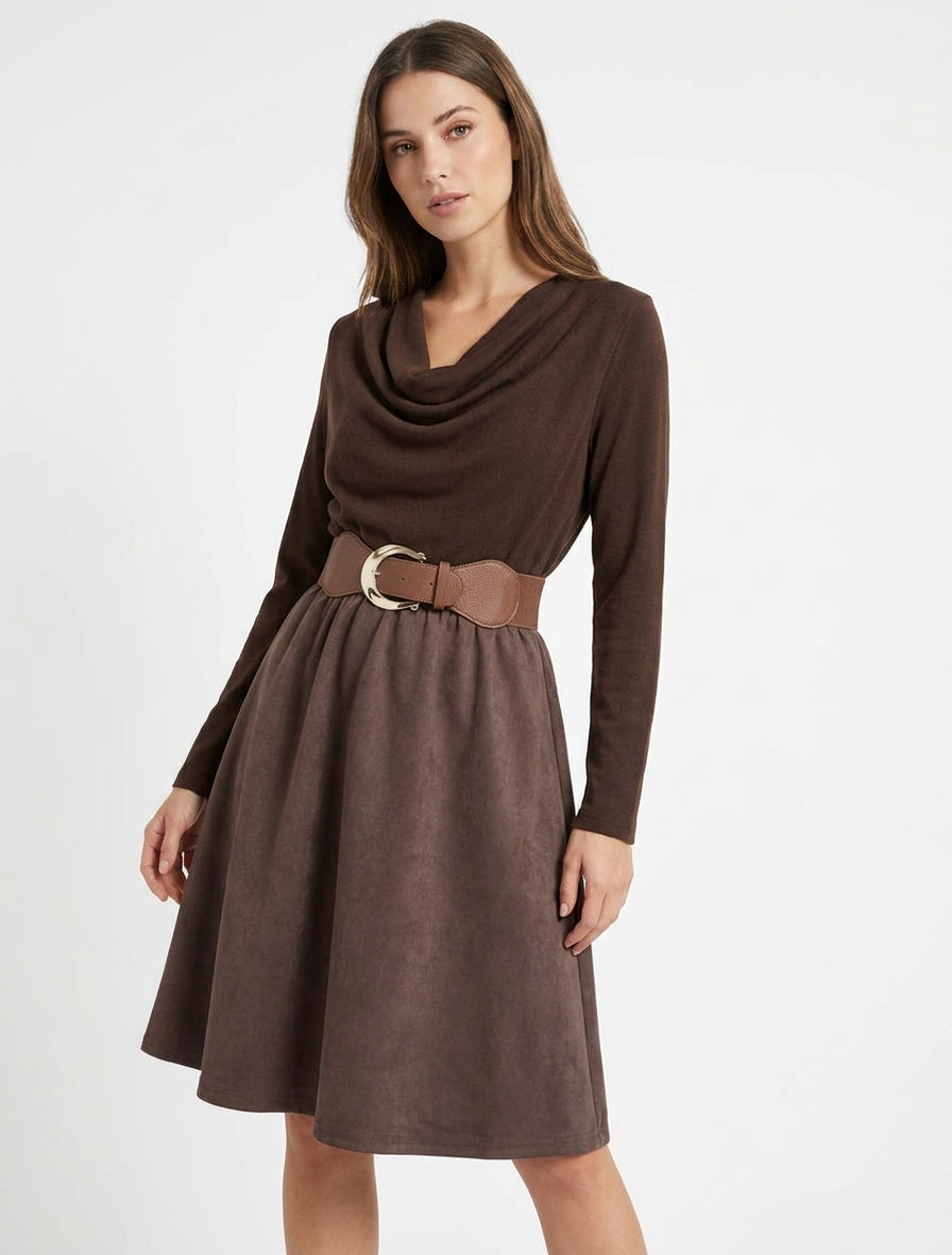 Zweiteiliges Kleid mit Wasserfallausschnitt - Braun