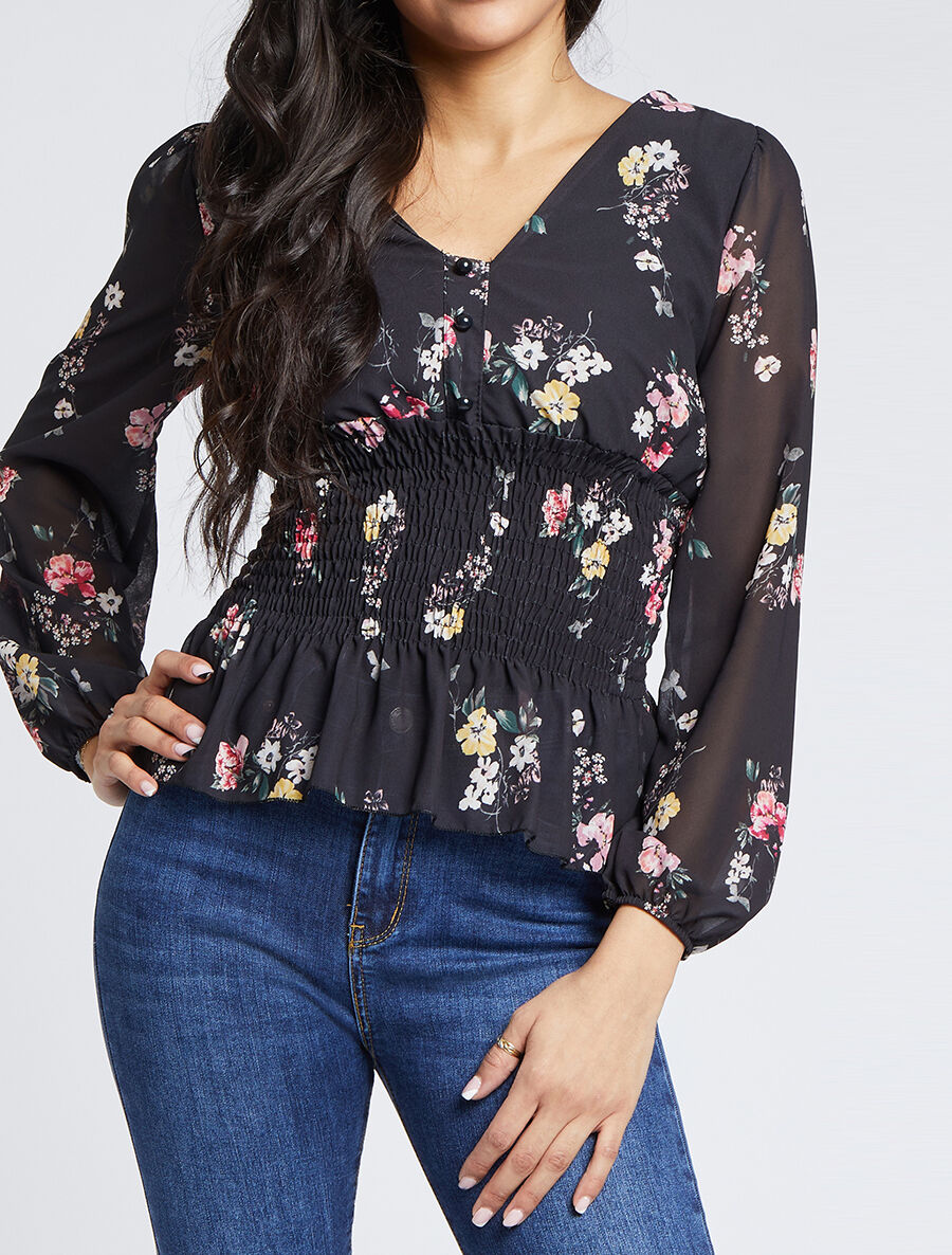Top élastiqué imprimé floral - Noir - 4
