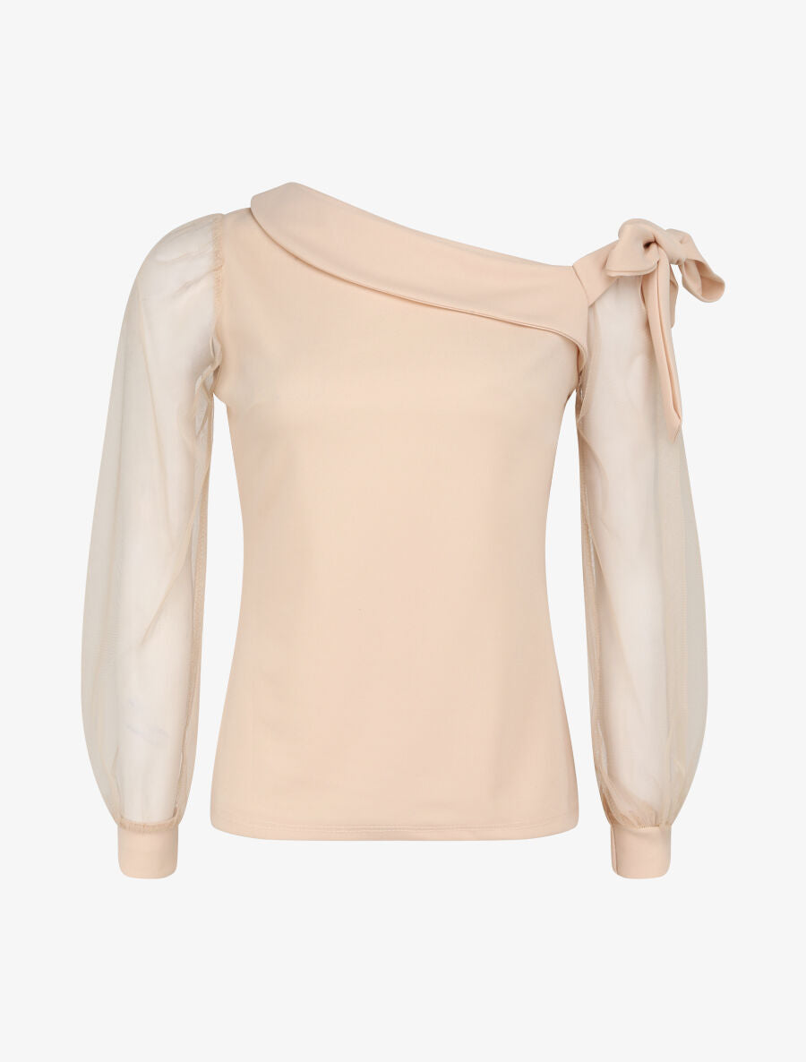 Top à manches en tulle et détail noeud - Beige - 4