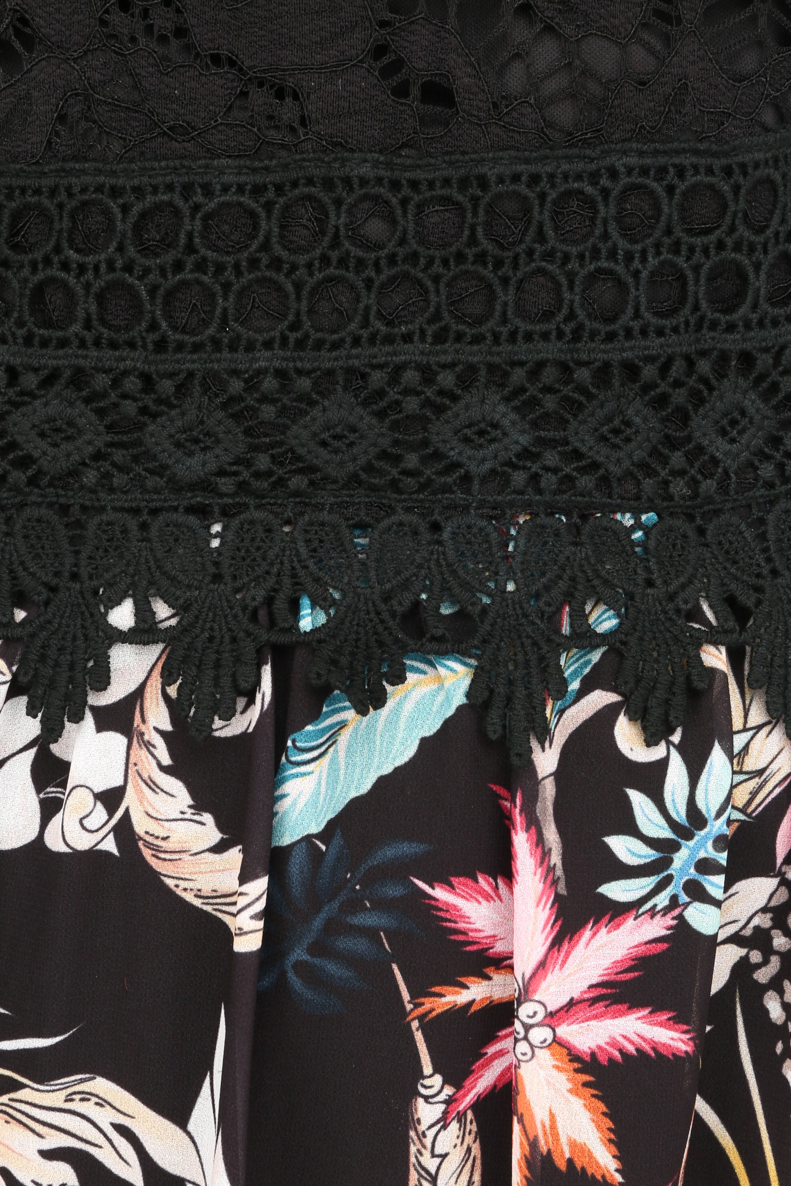 Robe longue imprimé fleurs baroques et buste en dentelle - Noir - 3