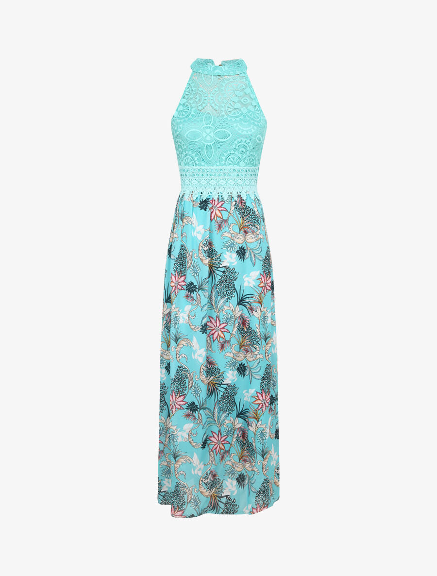 Robe longue imprimé fleurs baroques et buste en dentelle - Bleu lagon - 1