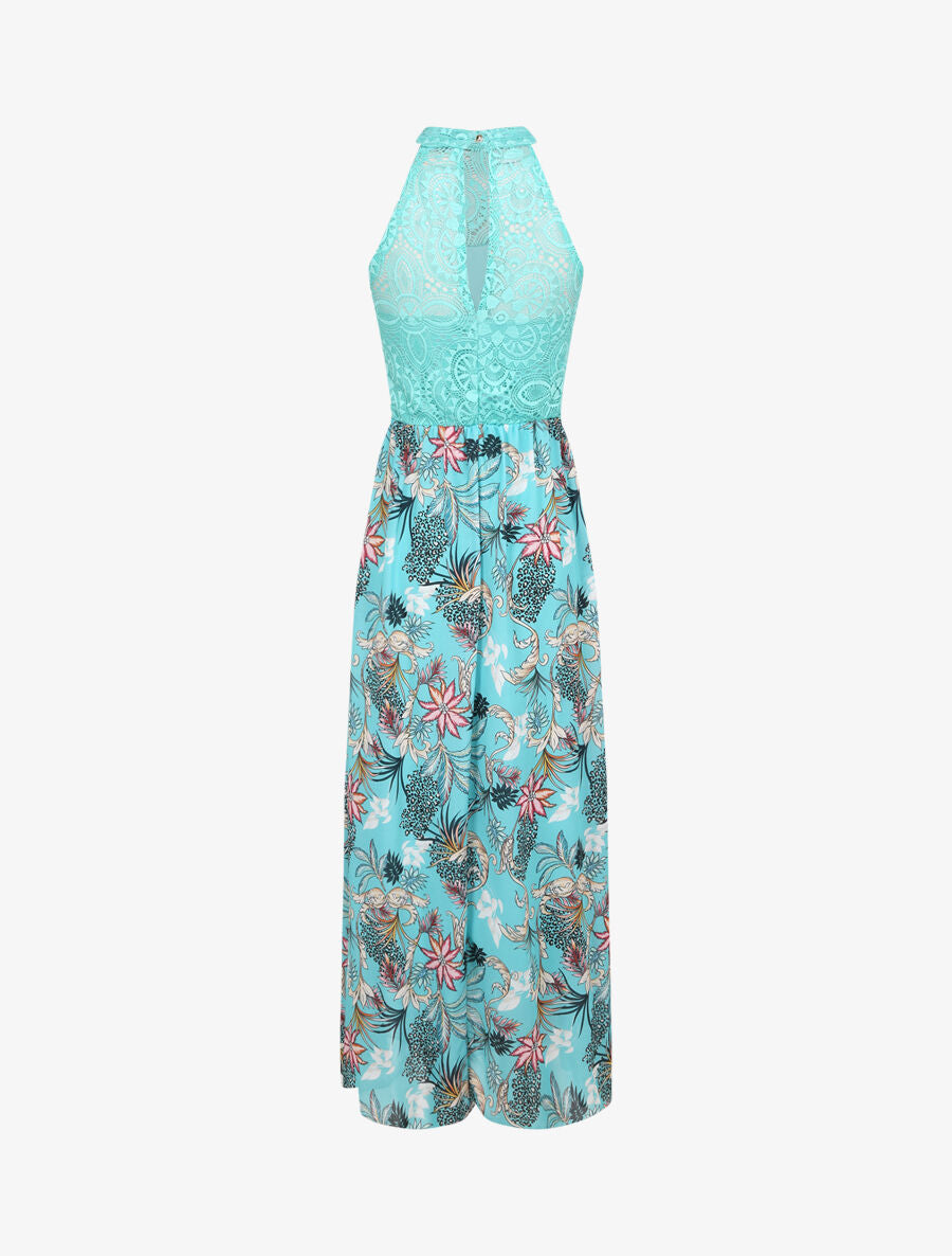 Robe longue imprimé fleurs baroques et buste en dentelle - Bleu lagon - 2
