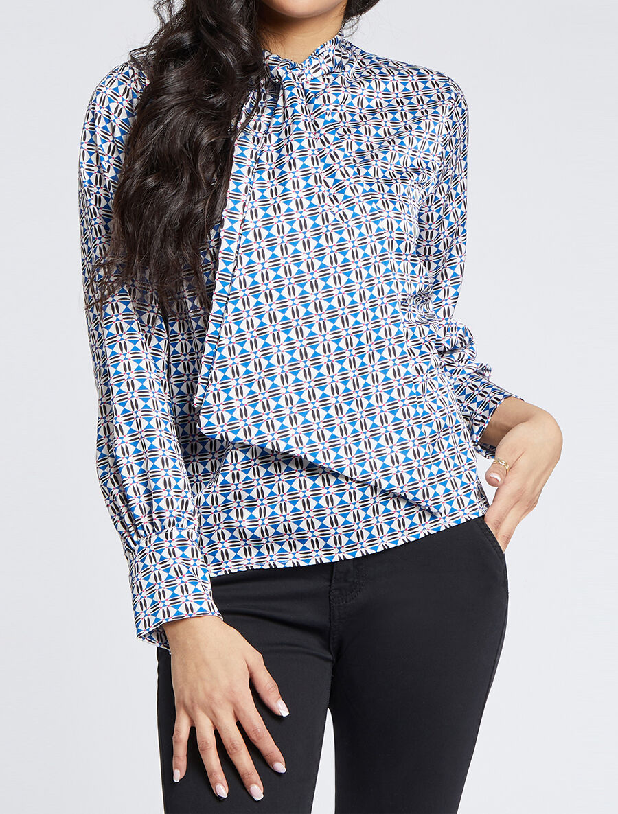 Blouse droite lavallière imprimé mosaïque - Bleu roi - 1