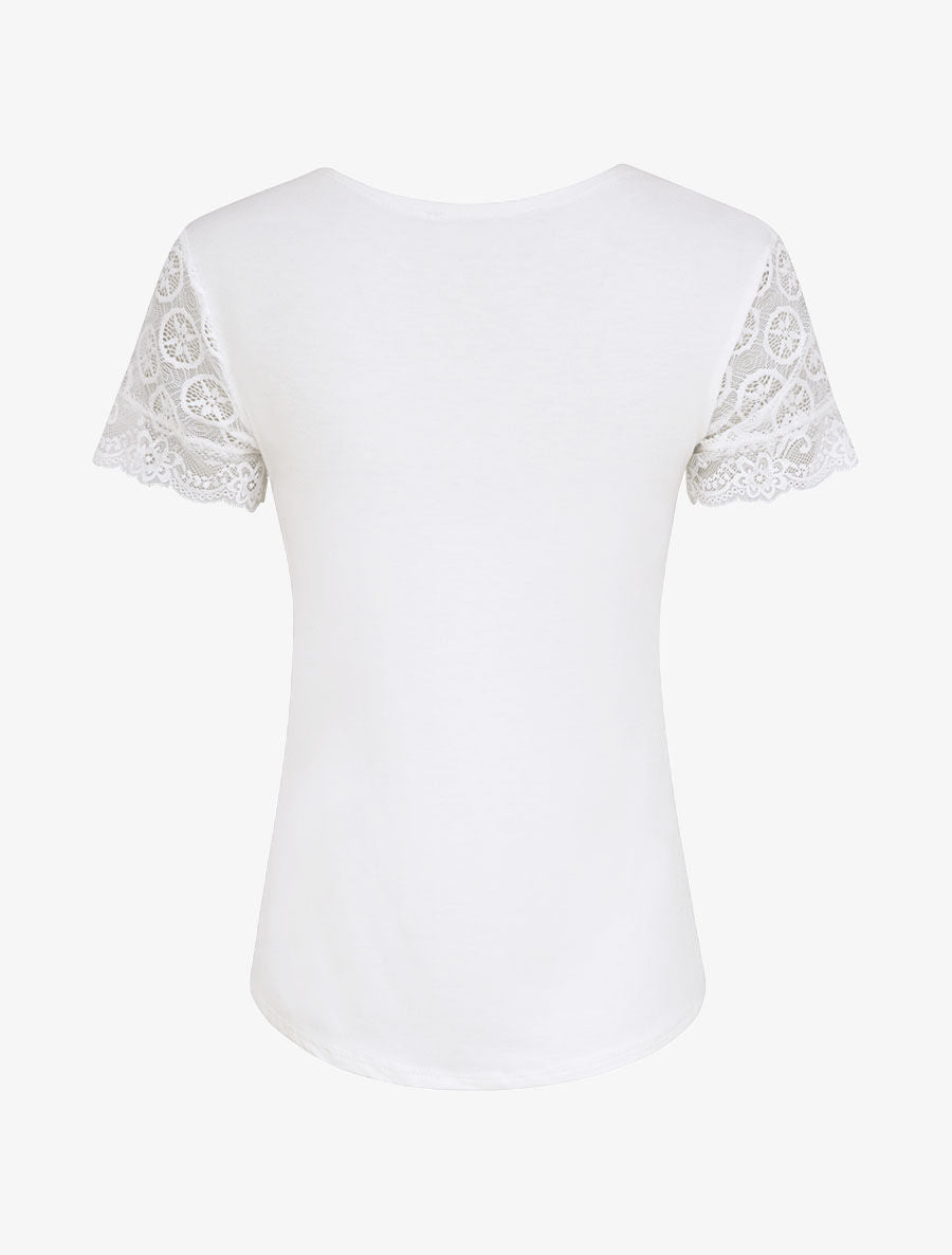 Top uni droit à manches dentelle - Blanc - 2