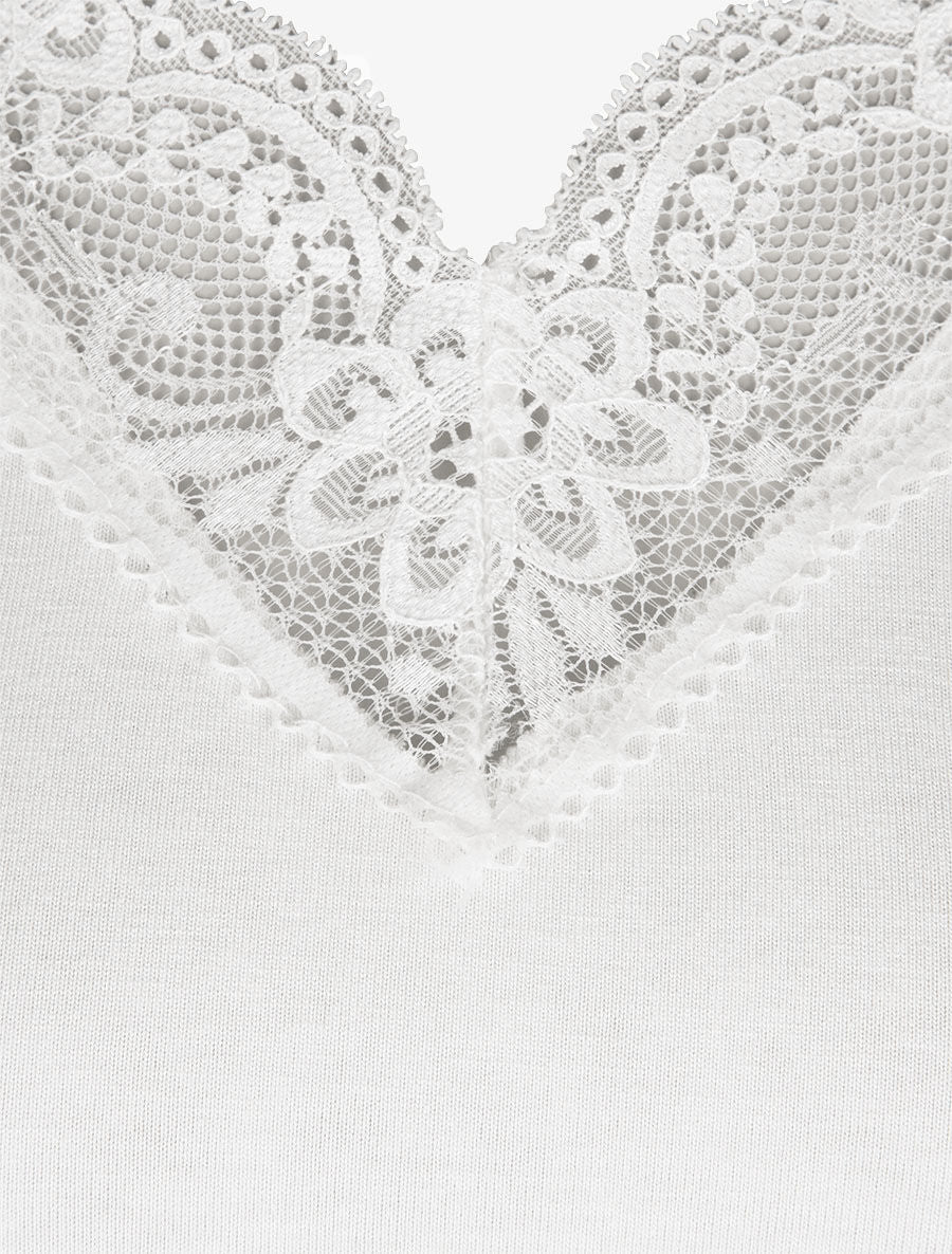 Top uni droit à manches dentelle - Blanc - 3