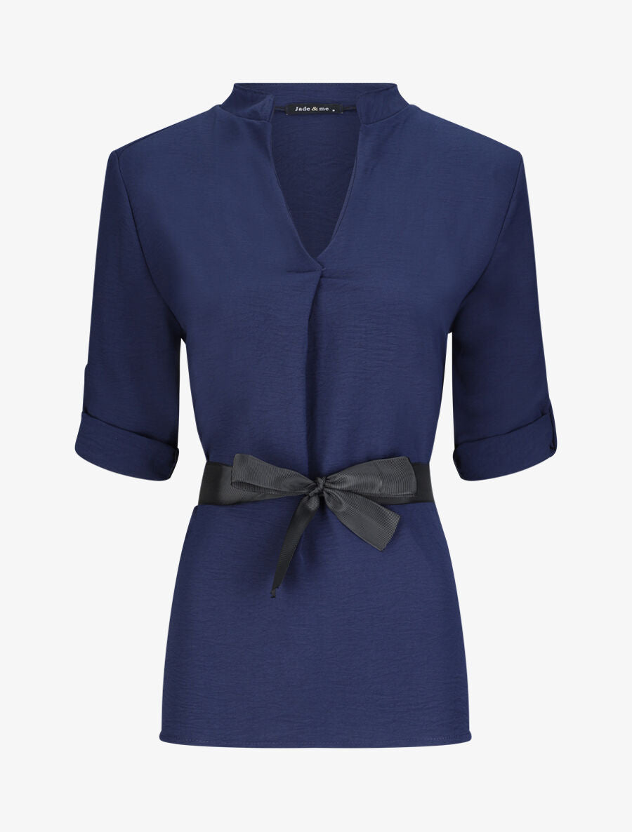Blouse droite unie à manches 3/4 - Marine - 4