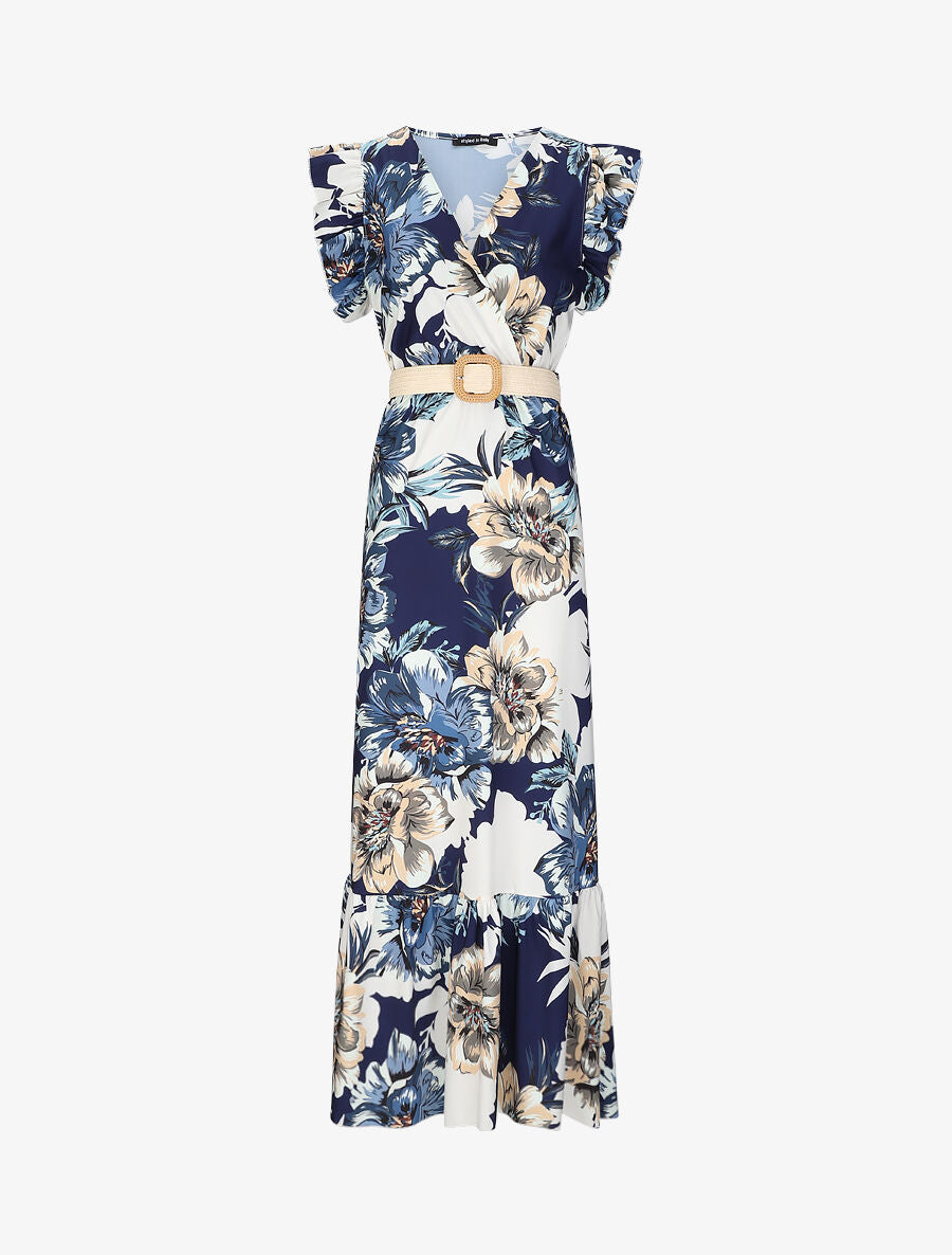 Robe longue à imprimé tropical et manches volantées - Marine - 1
