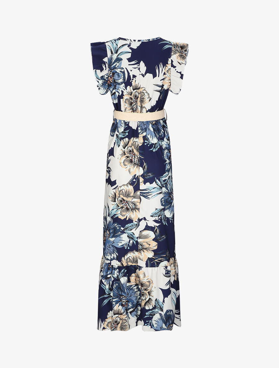 Robe longue à imprimé tropical et manches volantées - Marine - 2