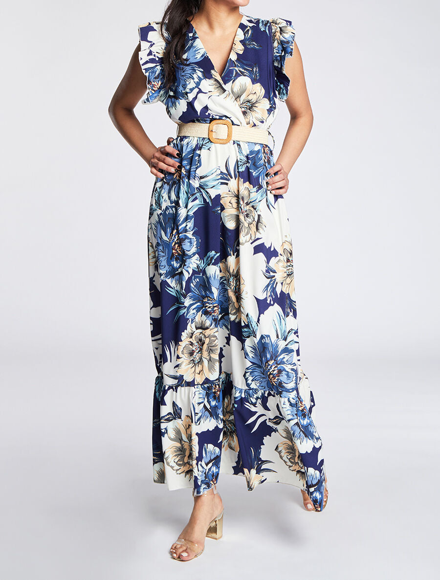 Robe longue à imprimé tropical et manches volantées - Marine - 4
