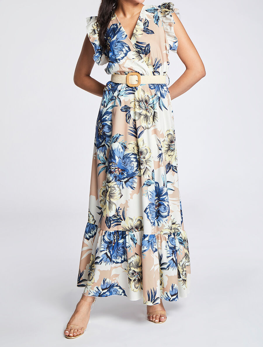 Robe longue à imprimé tropical et manches volantées - Camel - 4
