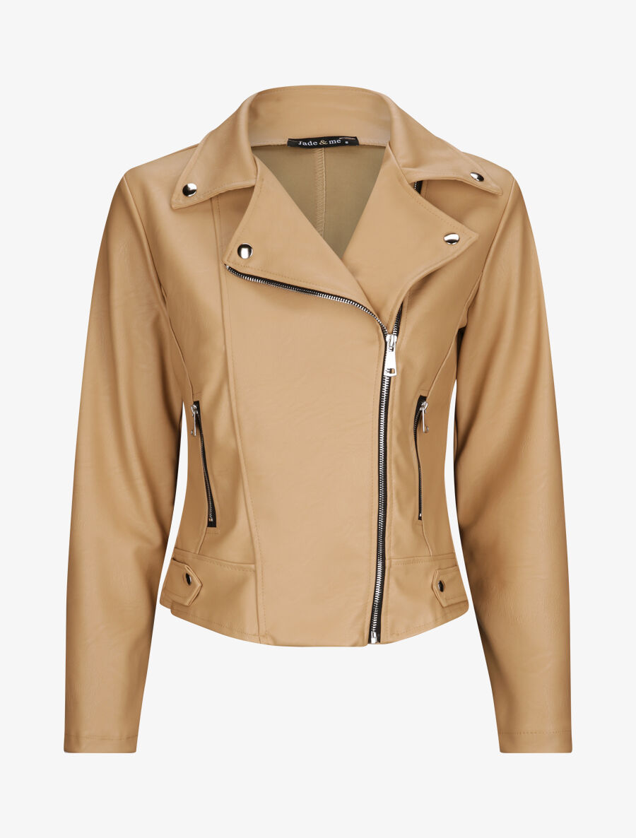 Perfecto droit en simili à poches zippées - Beige - 1