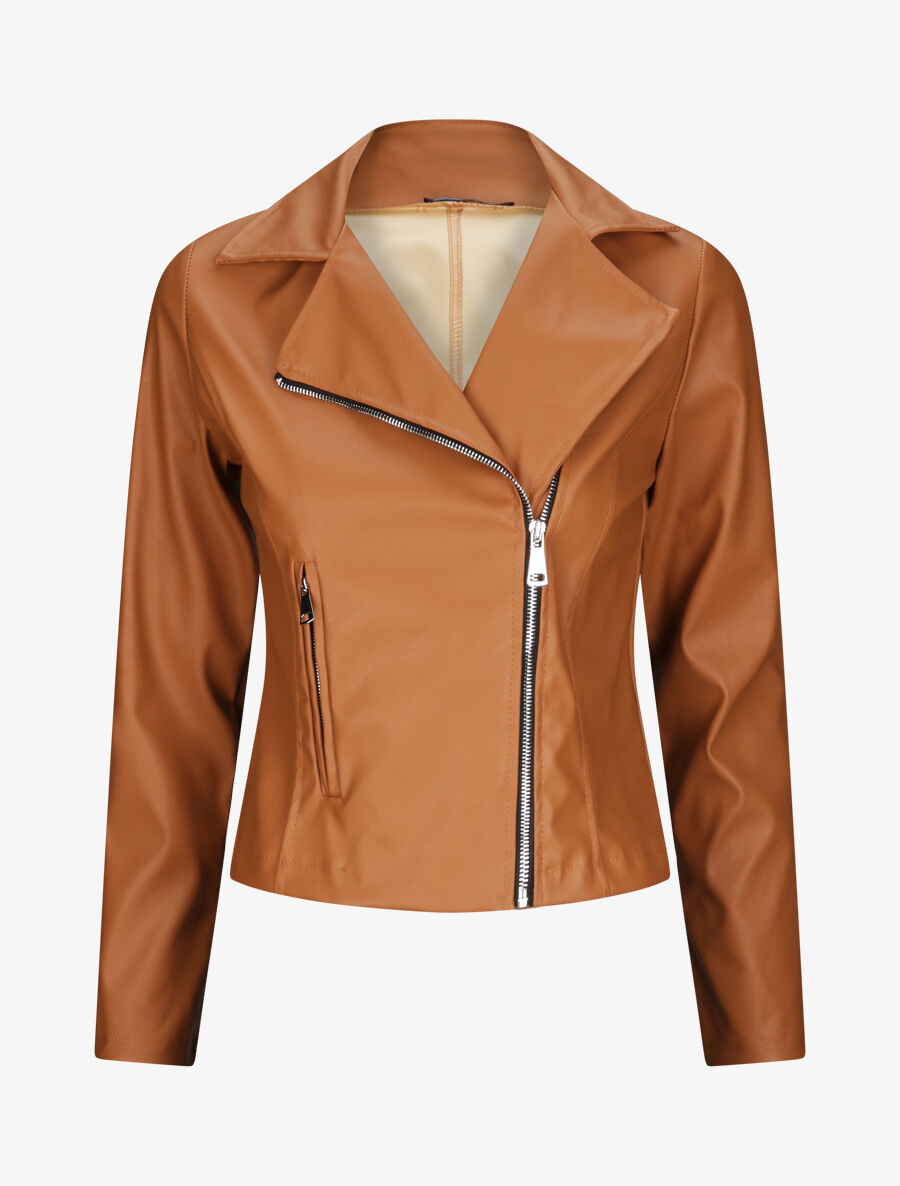 Perfecto droit en simili à poche zippée décorative - Camel - 4