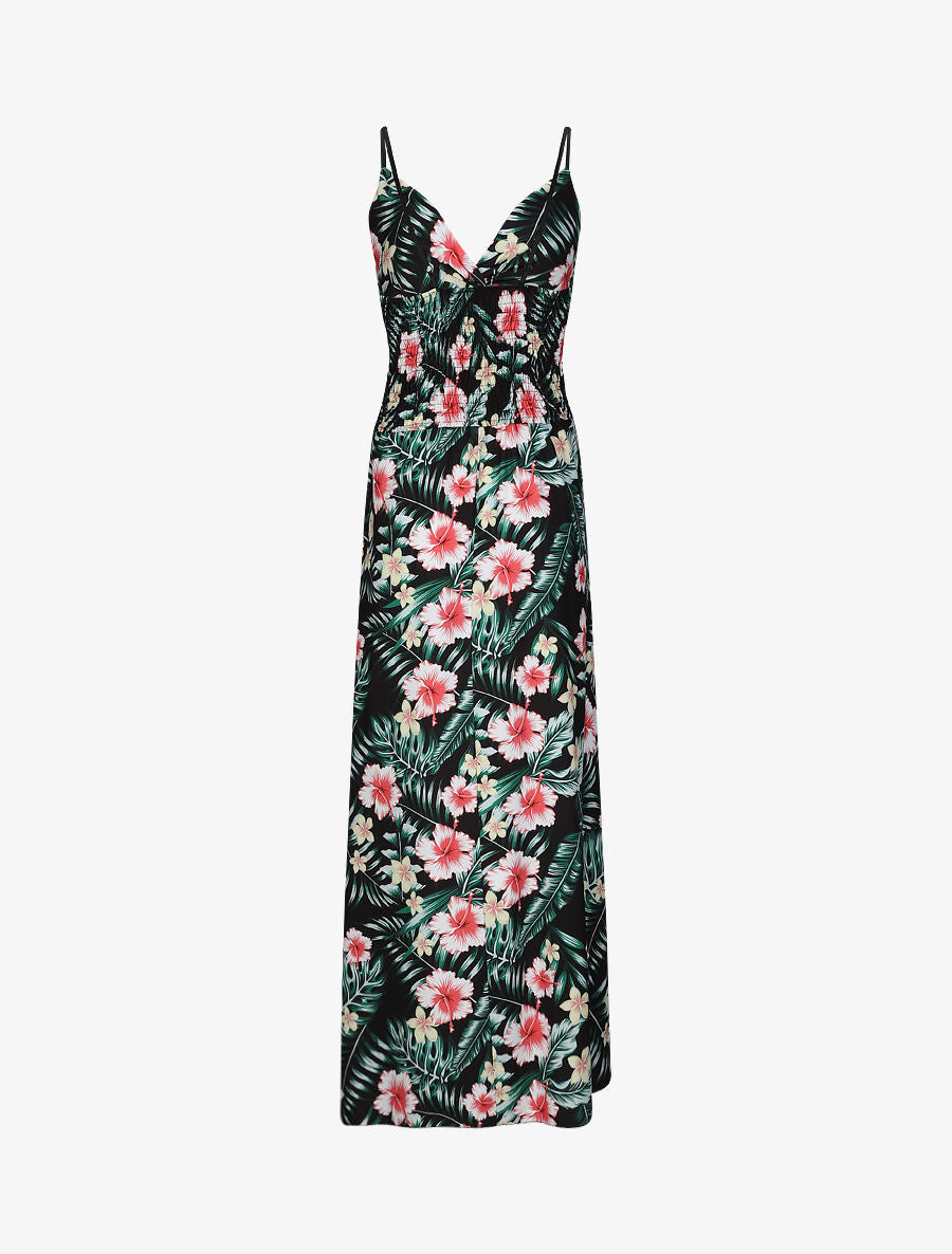 Robe longue évasée imprimé hibiscus col à noeud - Noir - 2