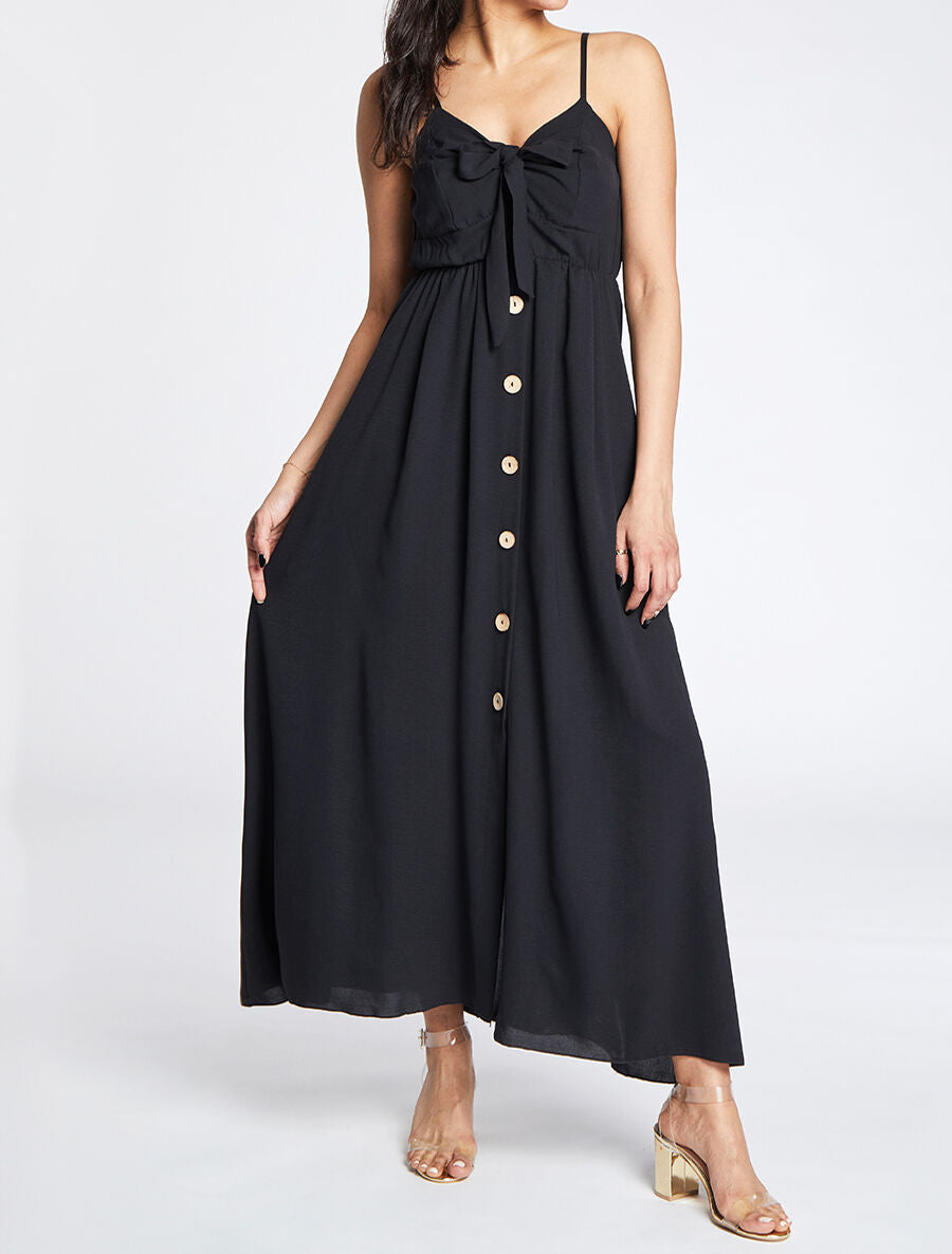 Robe longue à boutons stylisés - Noir - 4
