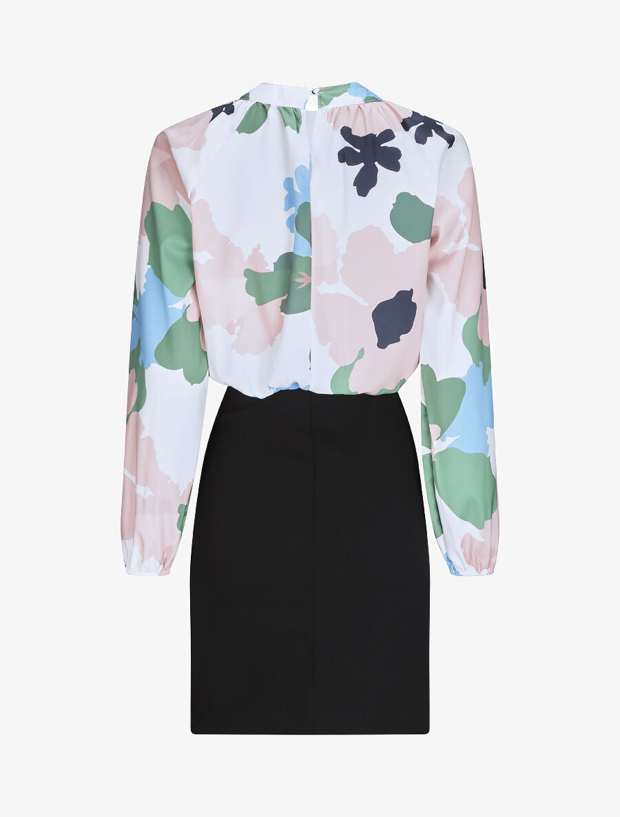 Robe bi-matière imprimé à col montant - Blanc - 2