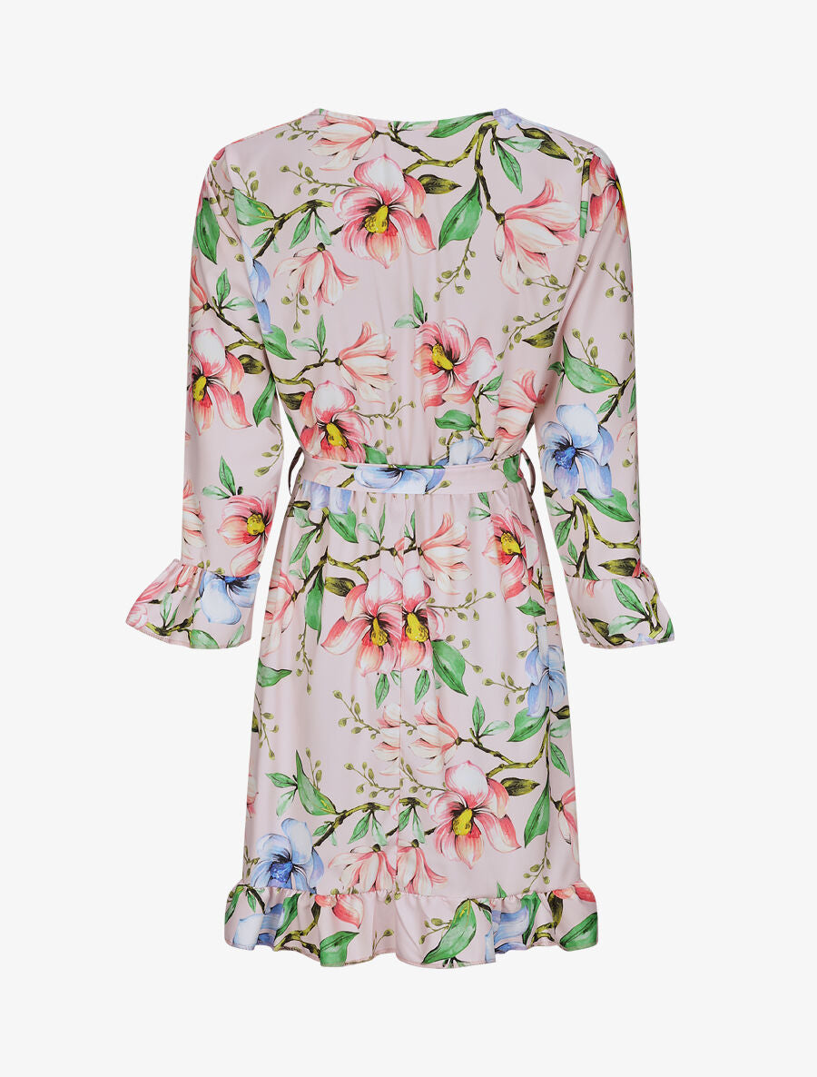 Robe imprimé fleurs printanières à manches et bords volantés - Rose - 3