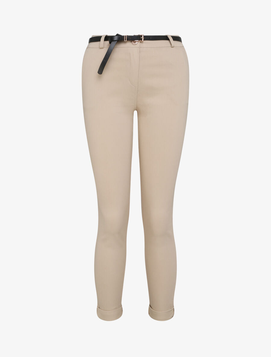 Pantalon 7/8 uni à revers - Beige - 1